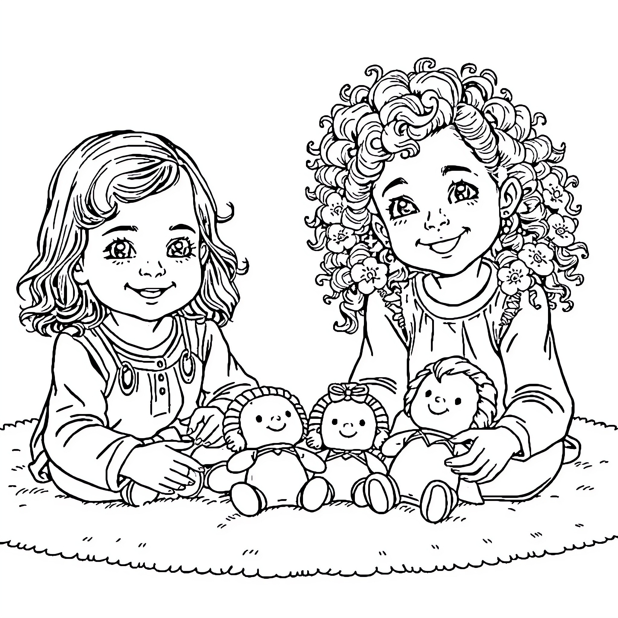 Girls Enjoying Playtime with Dolls Coloring Page (free black-and-white line drawing printable PDF for all, from beginners to advanced learners, including children, teens, adults, and seniors)