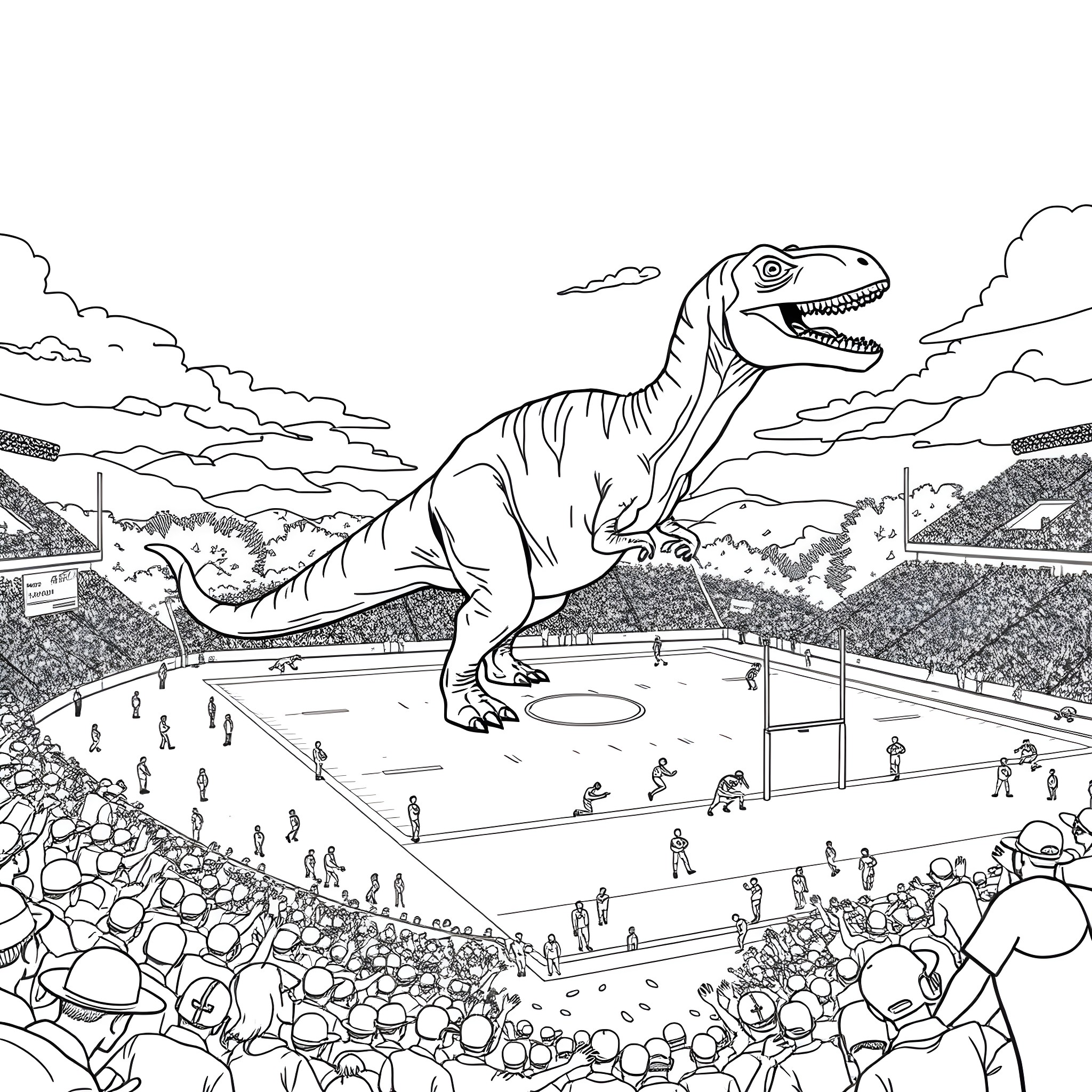 Dinosaur Rampaging Through a Crowded Stadium Coloring Page (free black-and-white line drawing printable PDF for all, from beginners to advanced learners, including children, teens, adults, and seniors)