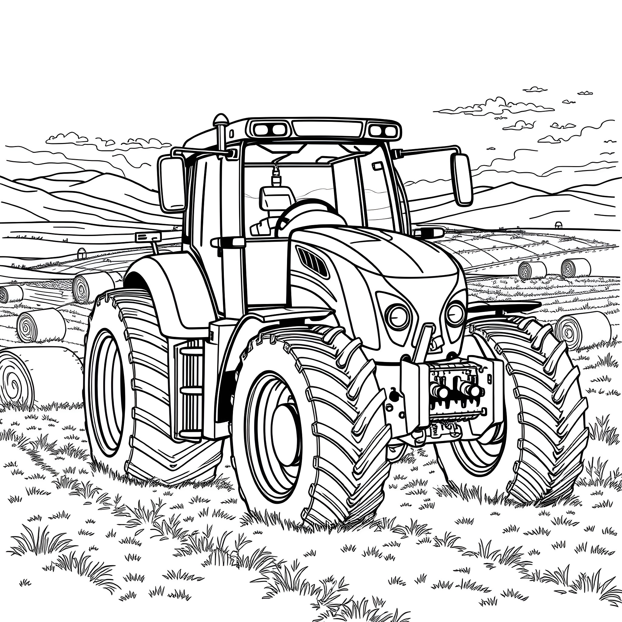 Tractor plowing through the countryside Coloring Page (free black-and-white line drawing printable PDF for all, from beginners to advanced learners, including children, teens, adults, and seniors)