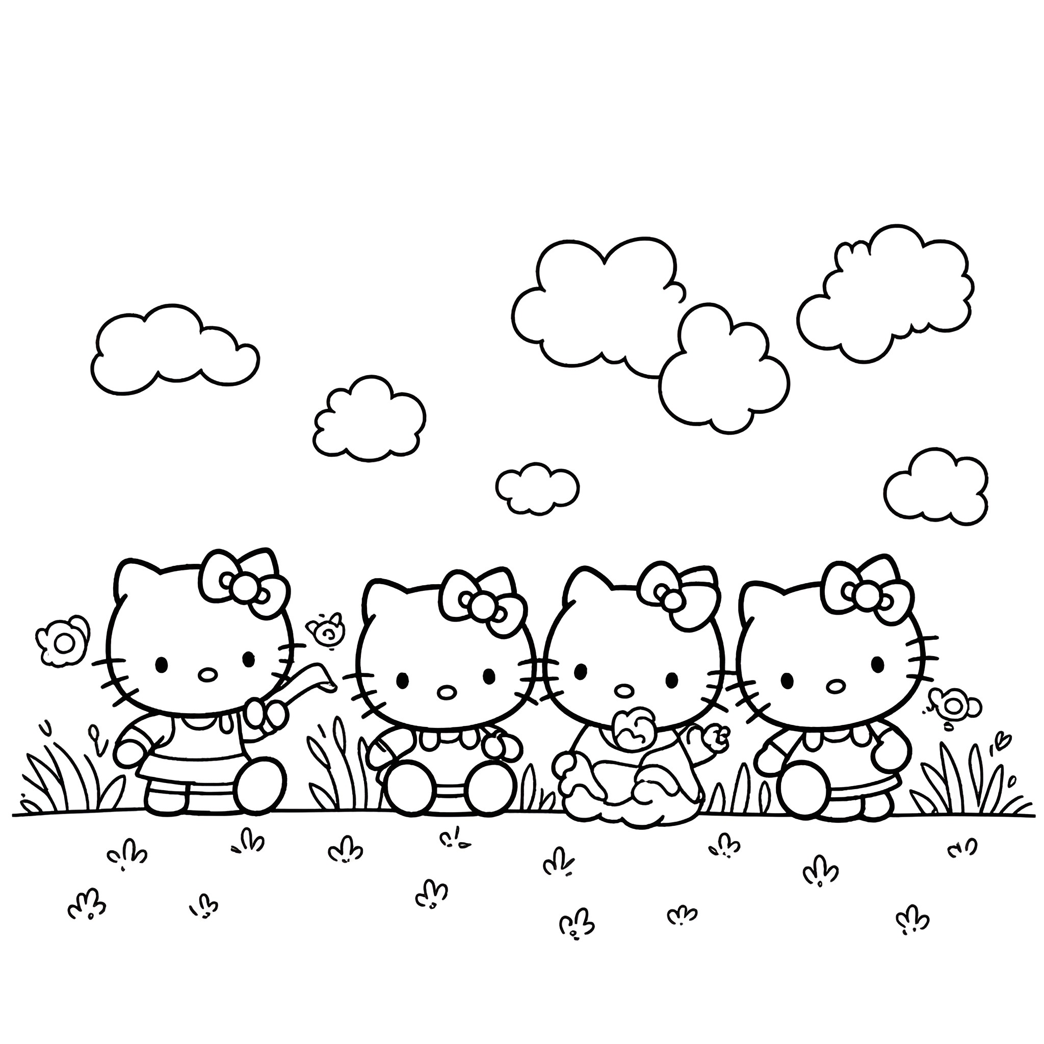 Hello Kitty and friends playing in the meadow Coloring Page (free black-and-white line drawing printable PDF for all, from beginners to advanced learners, including children, teens, adults, and seniors)