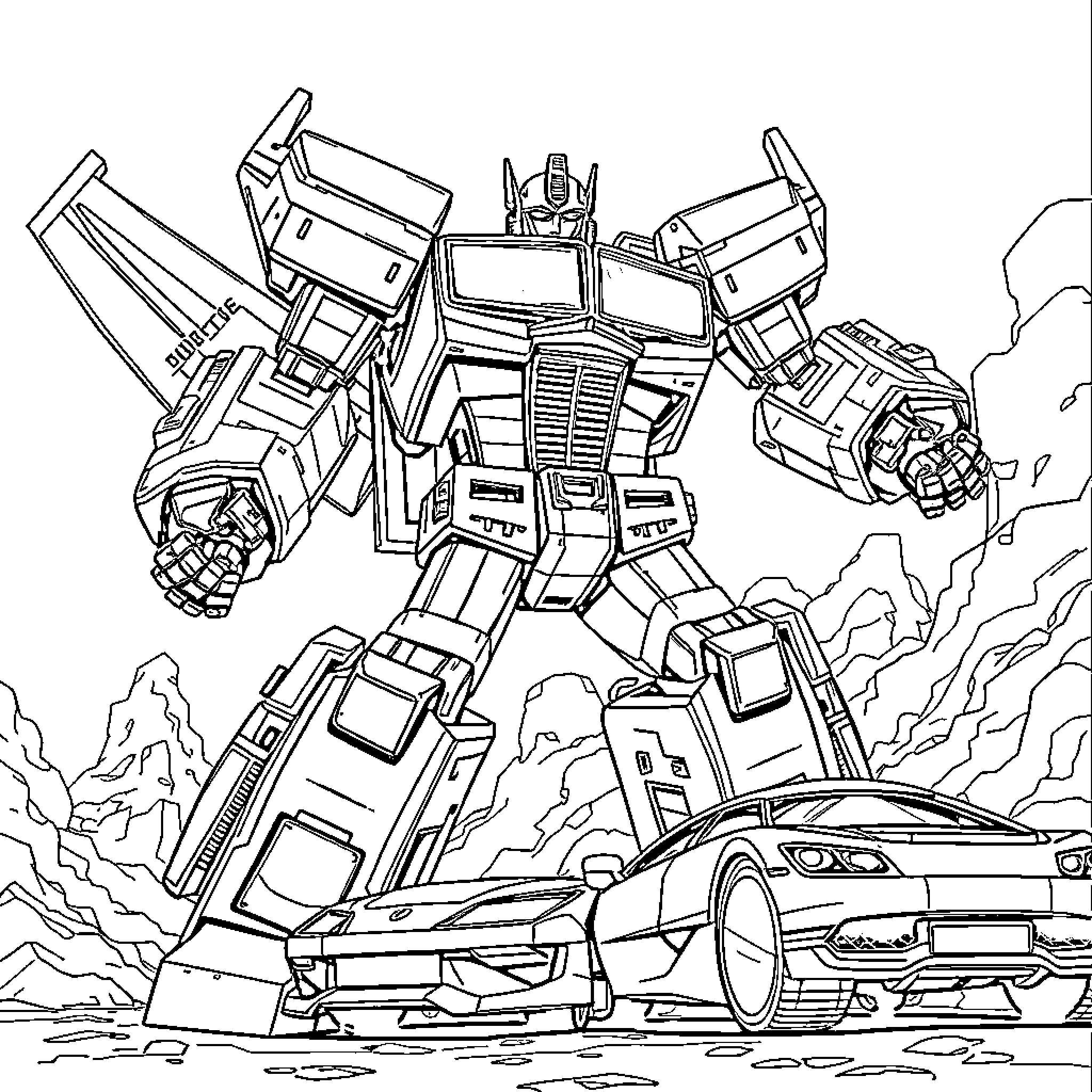 Transformer robot in heroic action pose Coloring Page (free black-and-white line drawing printable PDF for all, from beginners to advanced learners, including children, teens, adults, and seniors)
