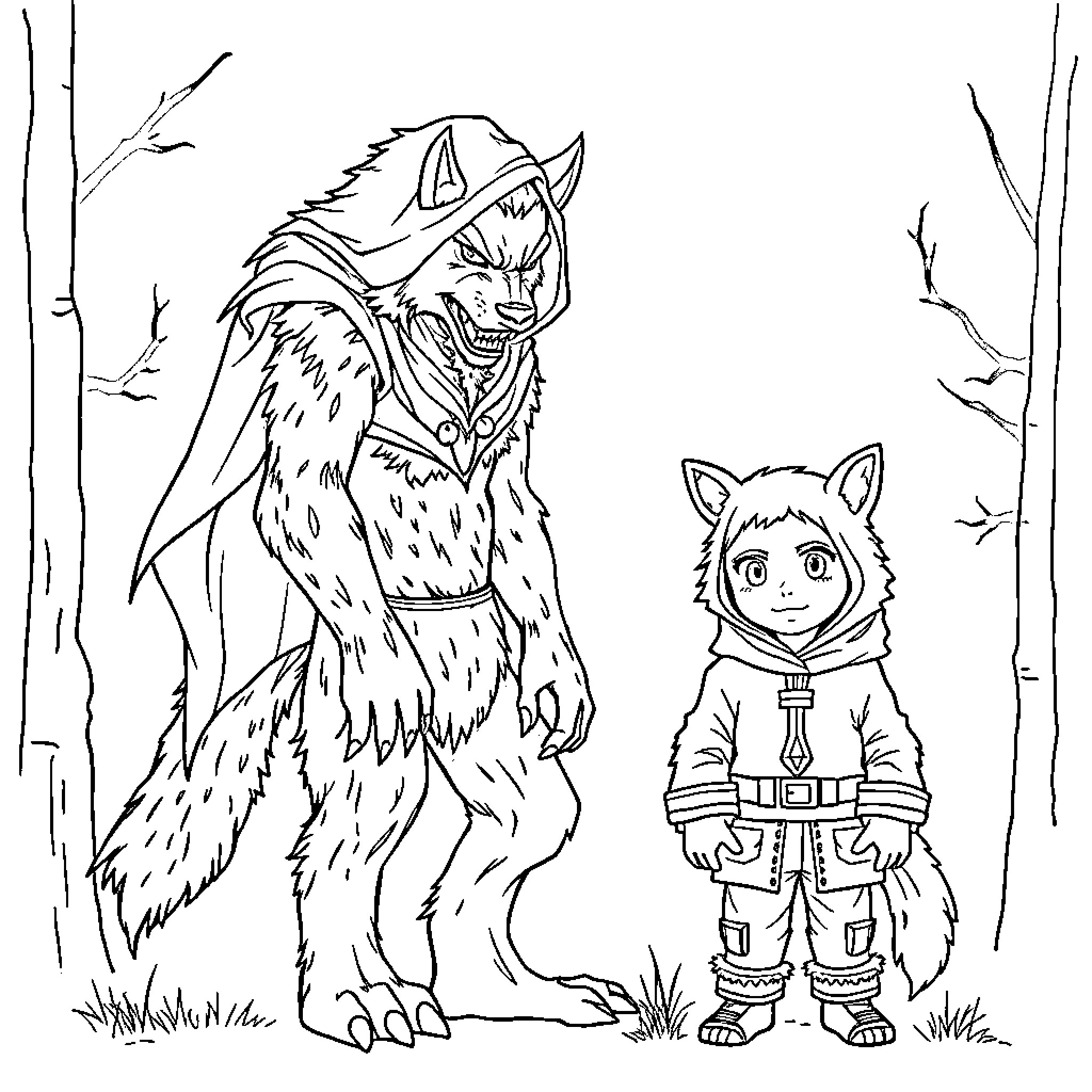 Werewolf and young explorer in the forest Coloring Page (free black-and-white line drawing printable PDF for all, from beginners to advanced learners, including children, teens, adults, and seniors)