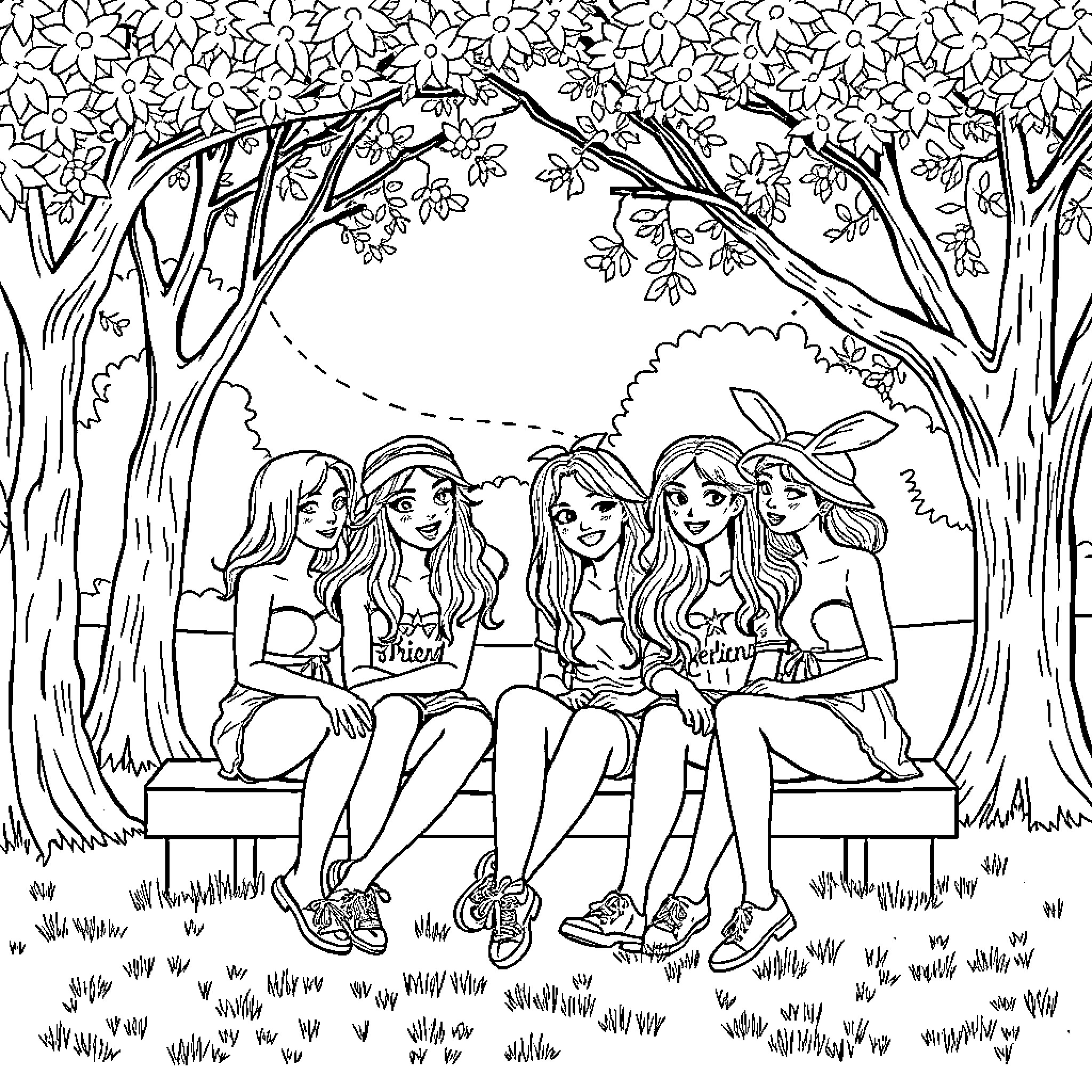 Merlina and her friends enjoy a day outdoors Coloring Page (free black-and-white line drawing printable PDF for all, from beginners to advanced learners, including children, teens, adults, and seniors)