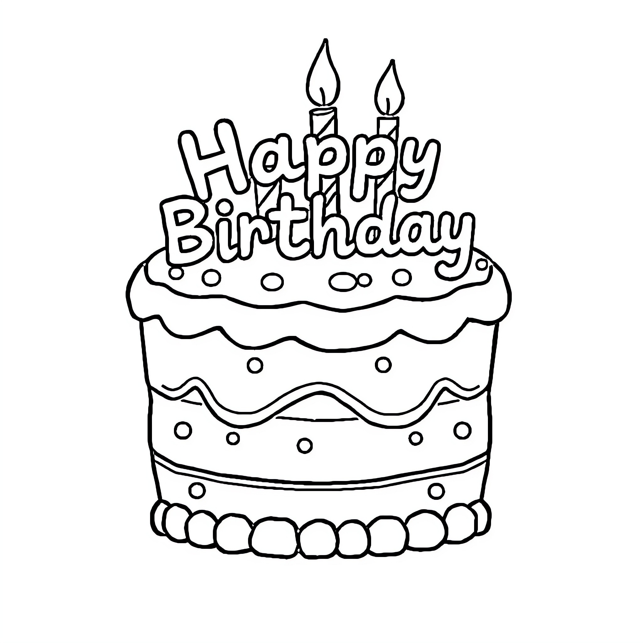 Cake with festive candles for birthday celebration Coloring Page (free black-and-white line drawing printable PDF for all, from beginners to advanced learners, including children, teens, adults, and seniors)