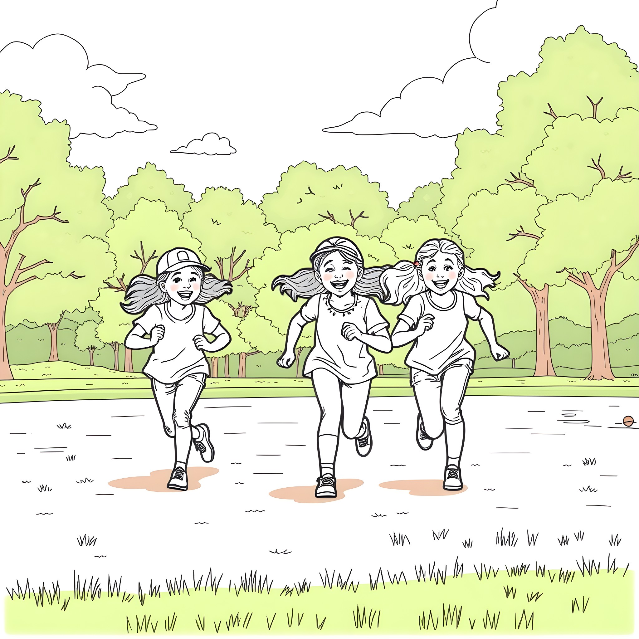 Daughter's lively adventure in the park Coloring Page (free black-and-white line drawing printable PDF for all, from beginners to advanced learners, including children, teens, adults, and seniors)