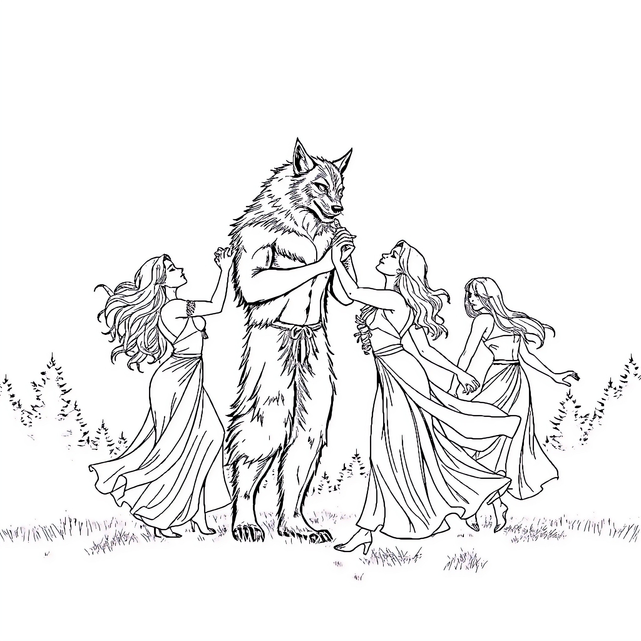 Human with wolf dancing with princesses in field Coloring Page (free black-and-white line drawing printable PDF for all, from beginners to advanced learners, including children, teens, adults, and seniors)