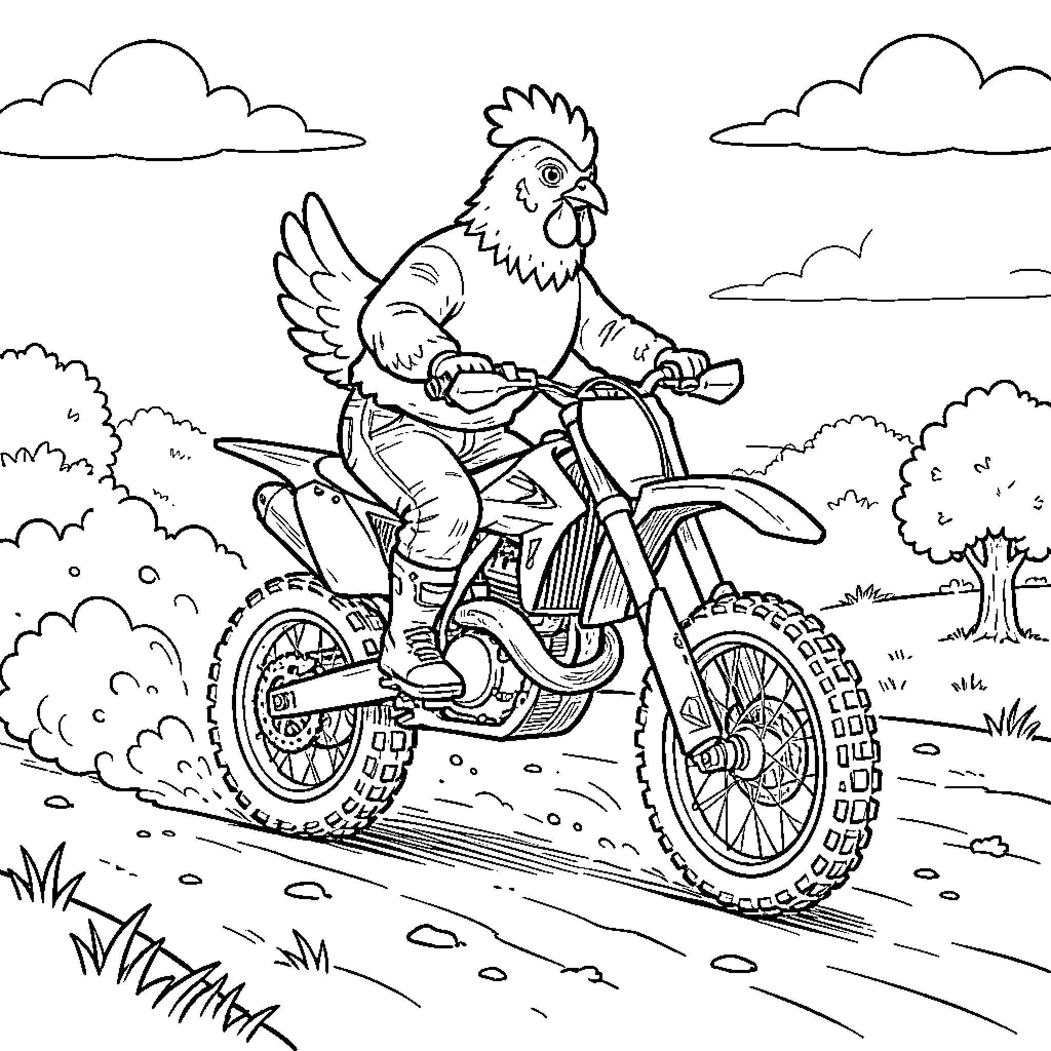 Motocross Chicken riding a dirt bike through nature Coloring Page (free black-and-white line drawing printable PDF for all, from beginners to advanced learners, including children, teens, adults, and seniors)