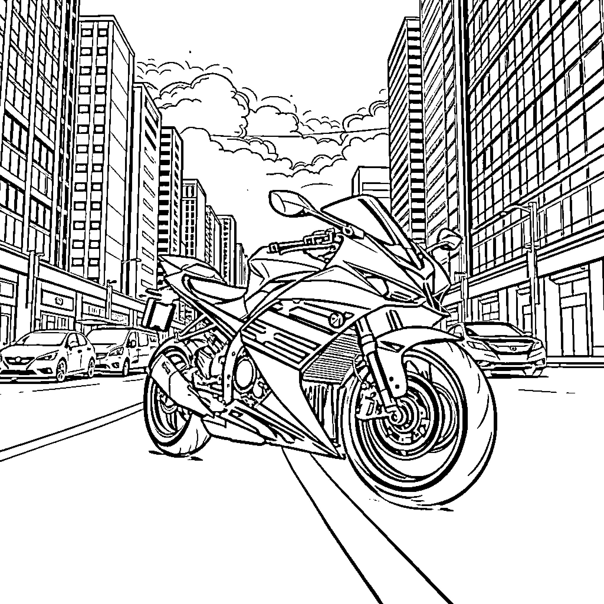 Yamaha R1 speeding through the city streets Coloring Page (free black-and-white line drawing printable PDF for all, from beginners to advanced learners, including children, teens, adults, and seniors)