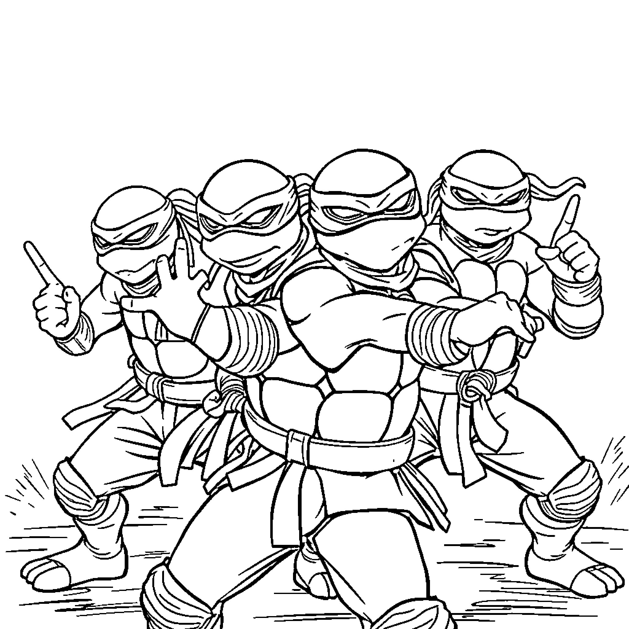 Ninja Turtles in action-packed poses Coloring Page (free black-and-white line drawing printable PDF for all, from beginners to advanced learners, including children, teens, adults, and seniors)