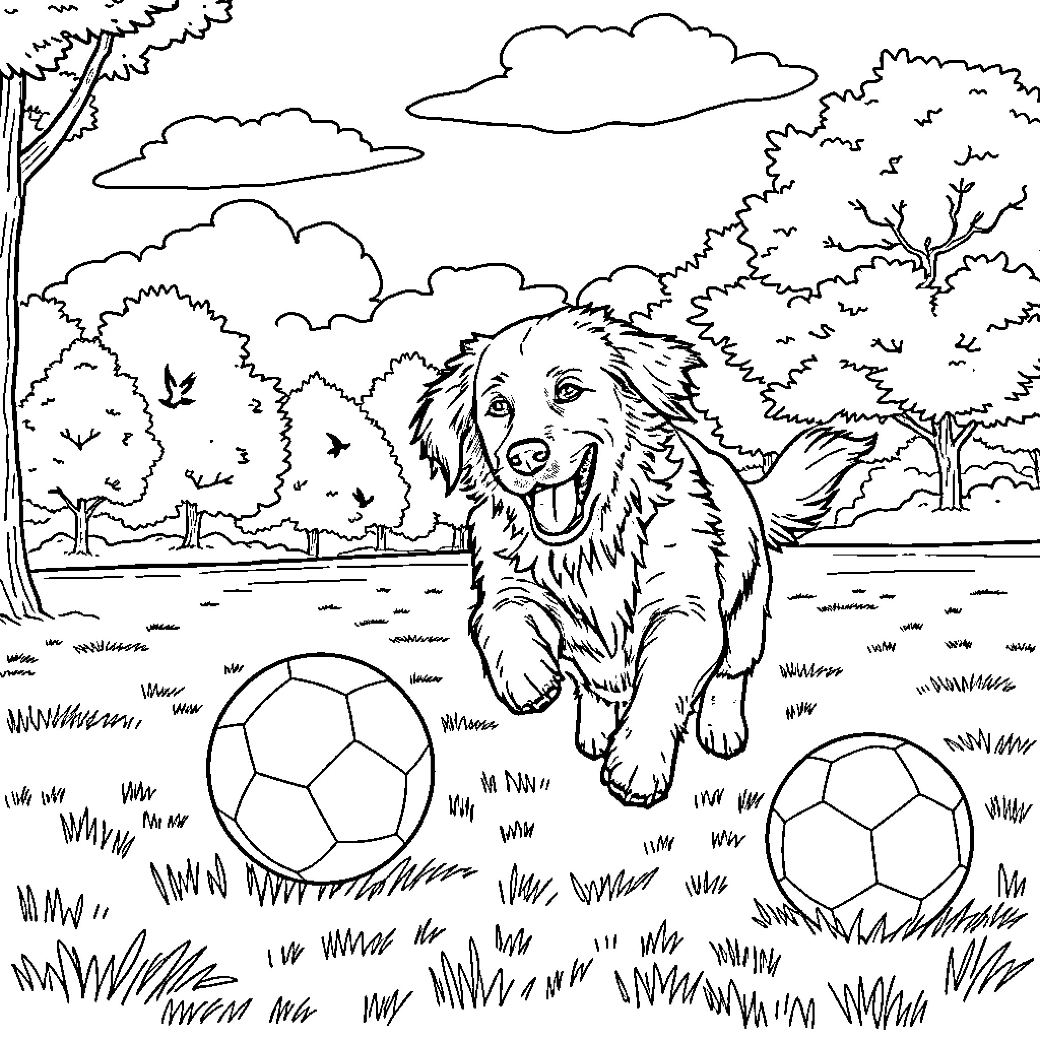Golden Retriever playing joyfully with soccer balls in the park Coloring Page (free black-and-white line drawing printable PDF for all, from beginners to advanced learners, including children, teens, adults, and seniors)