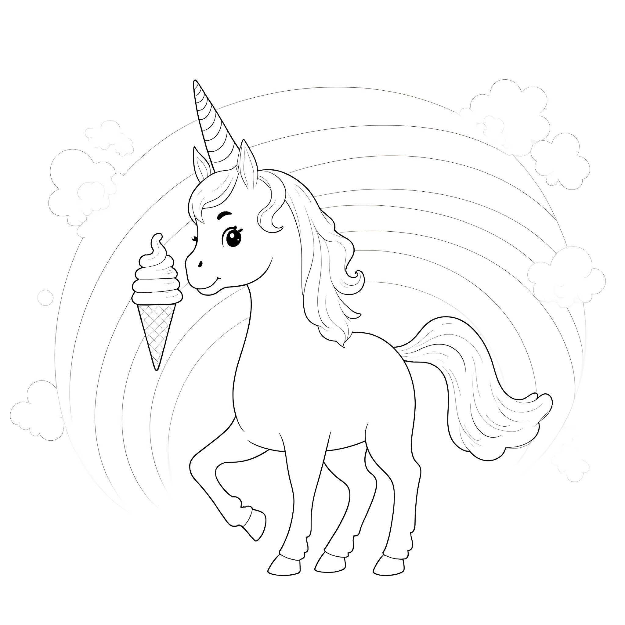 Unicorn enjoying a sweet treat in the clouds Coloring Page (free black-and-white line drawing printable PDF for all, from beginners to advanced learners, including children, teens, adults, and seniors)