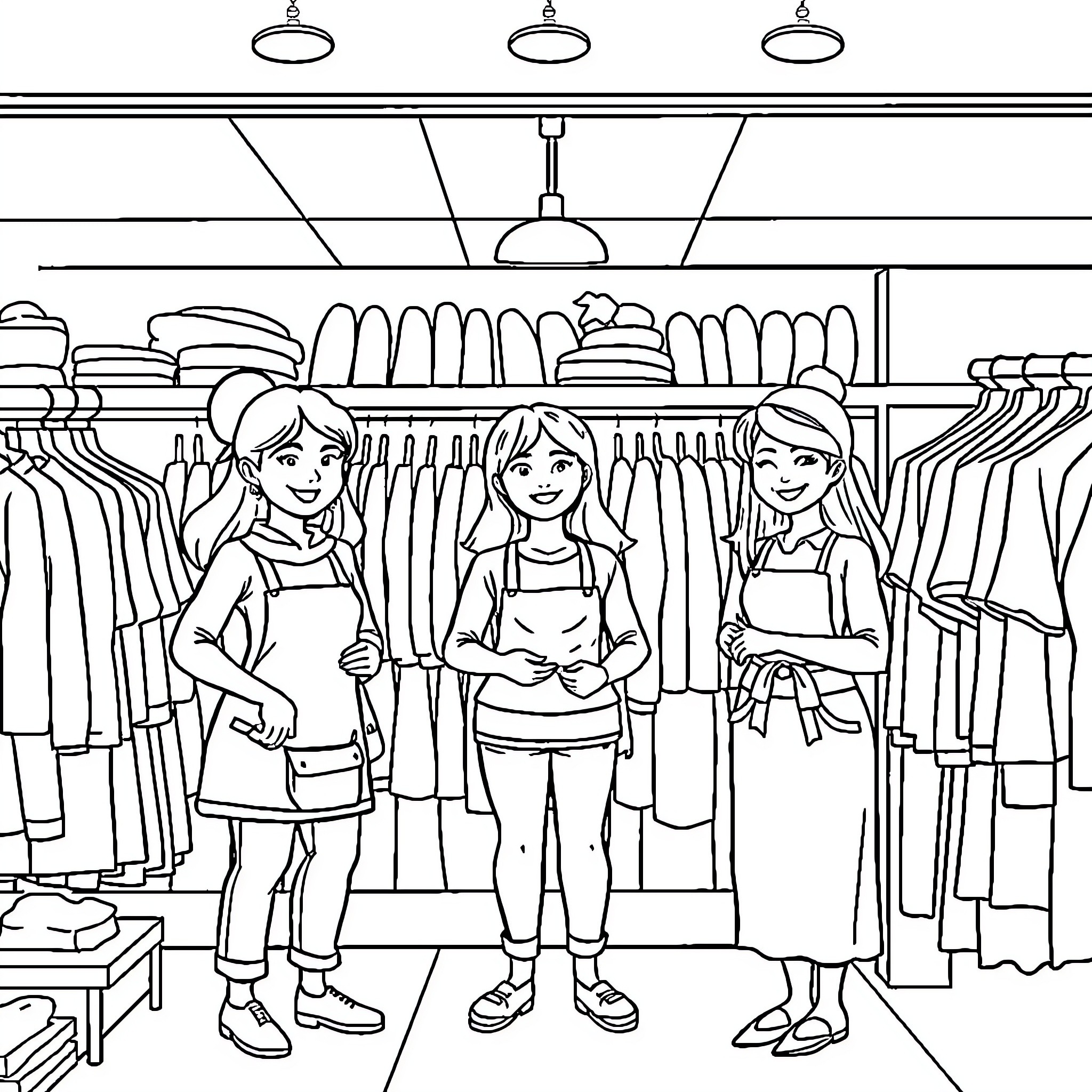 Magasin: Retail Assistants in Clothing Store Coloring Page (free black-and-white line drawing printable PDF for all, from beginners to advanced learners, including children, teens, adults, and seniors)