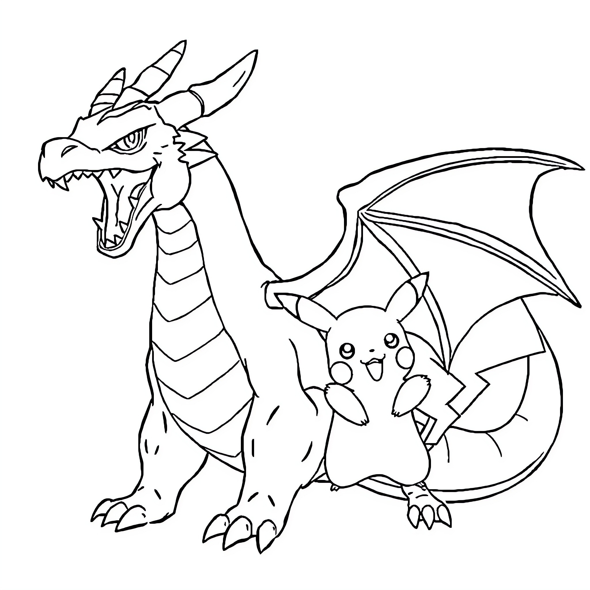 Dracofeu and Pikachu in a Fantastical Adventure Coloring Page (free black-and-white line drawing printable PDF for all, from beginners to advanced learners, including children, teens, adults, and seniors)