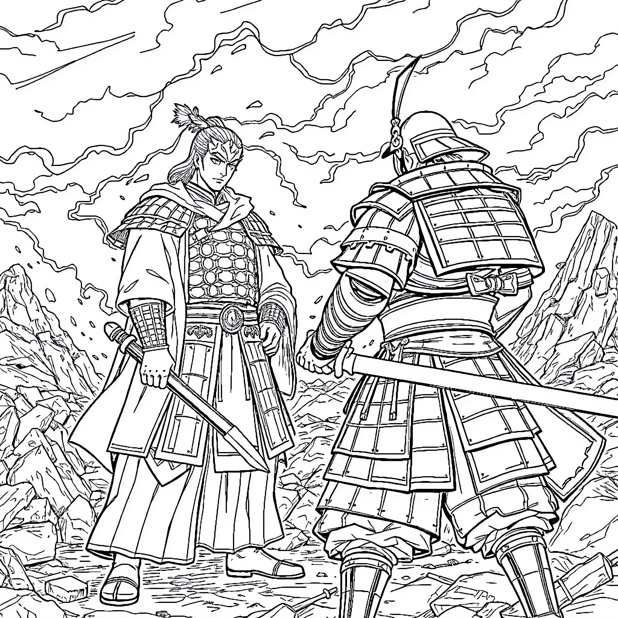 Ieyasu Tokugawa battling a formidable opponent in a rugged landscape Coloring Page (free black-and-white line drawing printable PDF for all, from beginners to advanced learners, including children, teens, adults, and seniors)