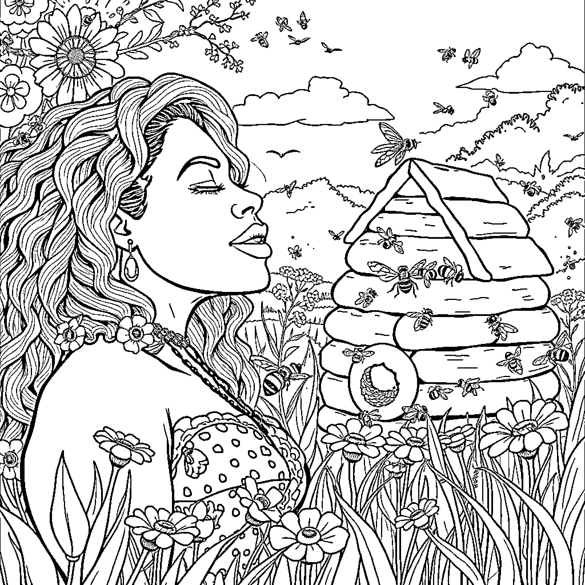 Beyonce in a Floral Nature Scene Coloring Page (free black-and-white line drawing printable PDF for all, from beginners to advanced learners, including children, teens, adults, and seniors)