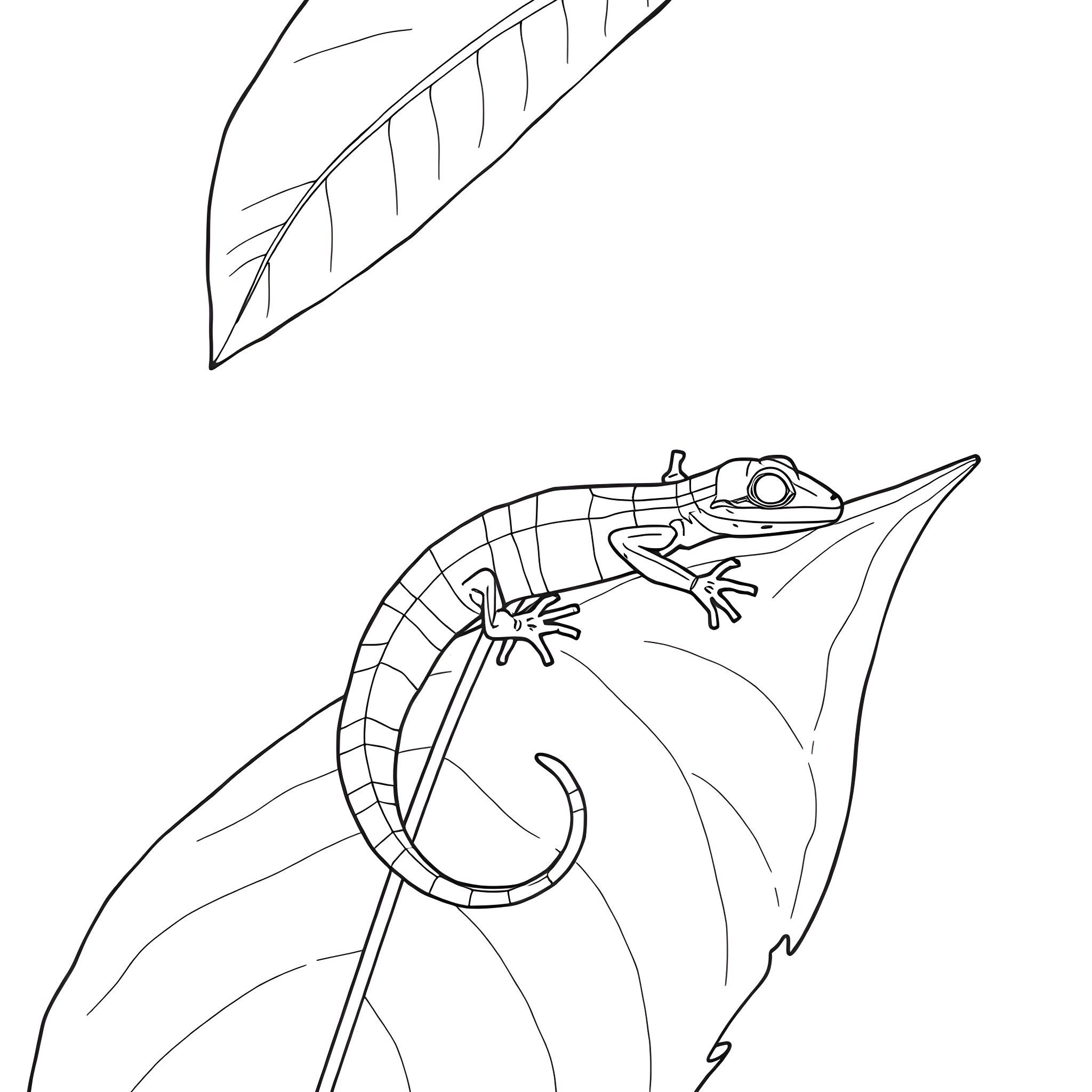 Emerald Tree Skink resting on a leaf Coloring Page (free black-and-white line drawing printable PDF for all, from beginners to advanced learners, including children, teens, adults, and seniors)