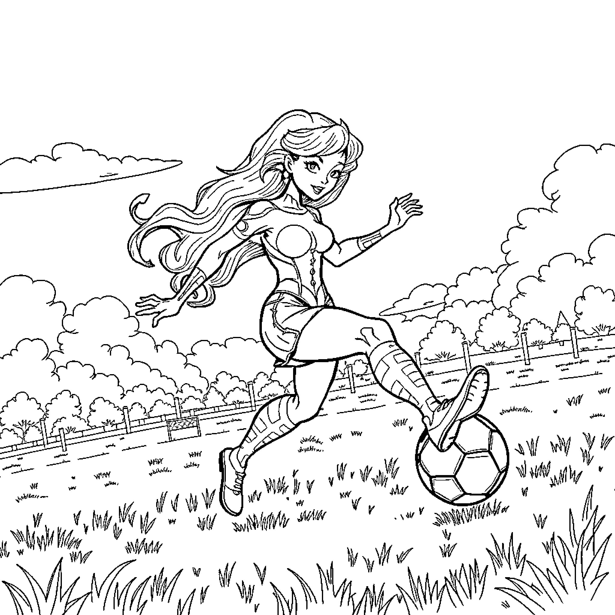 Poison Ivy playing soccer in a lush outdoor scene Coloring Page (free black-and-white line drawing printable PDF for all, from beginners to advanced learners, including children, teens, adults, and seniors)