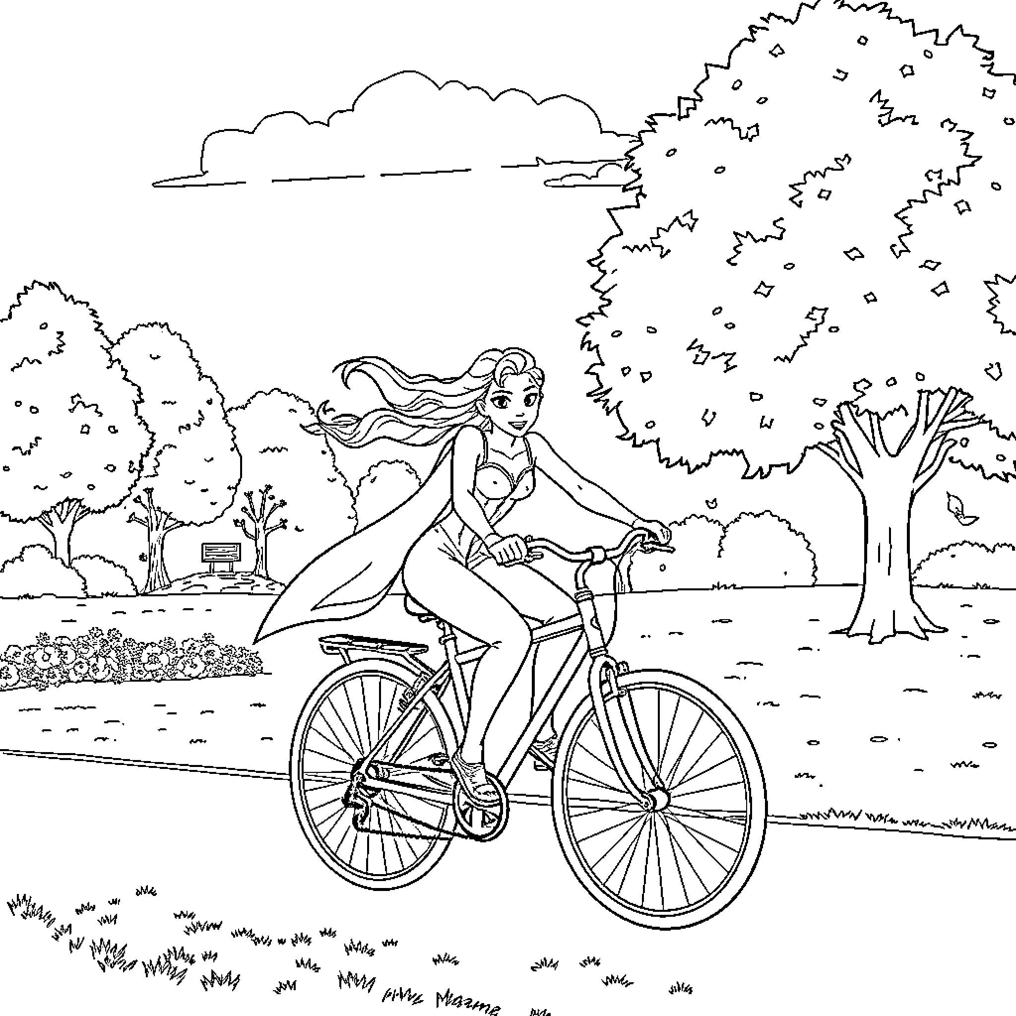 Elsa's Outdoor Cycling Adventure Coloring Page (free black-and-white line drawing printable PDF for all, from beginners to advanced learners, including children, teens, adults, and seniors)