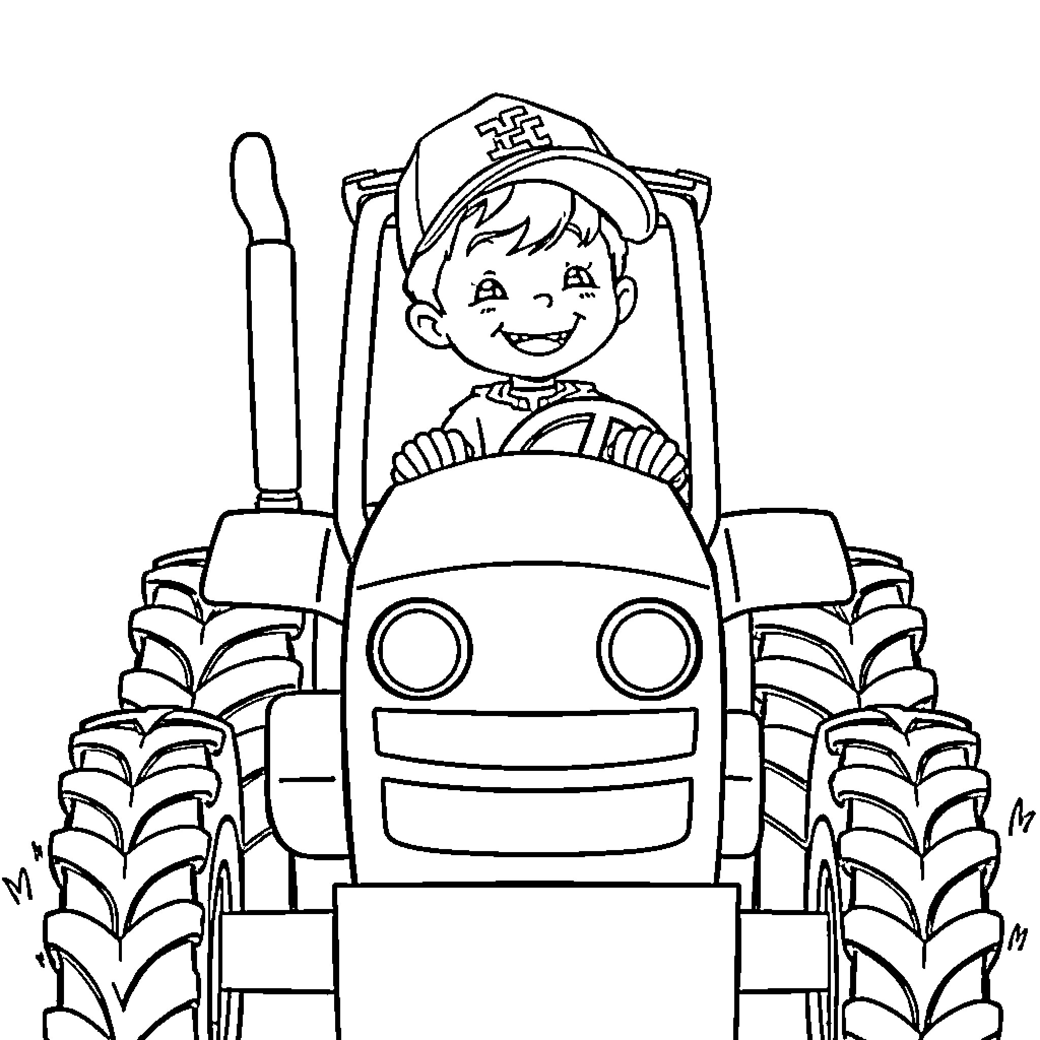 Tractor driver at work on the farm Coloring Page (free black-and-white line drawing printable PDF for all, from beginners to advanced learners, including children, teens, adults, and seniors)