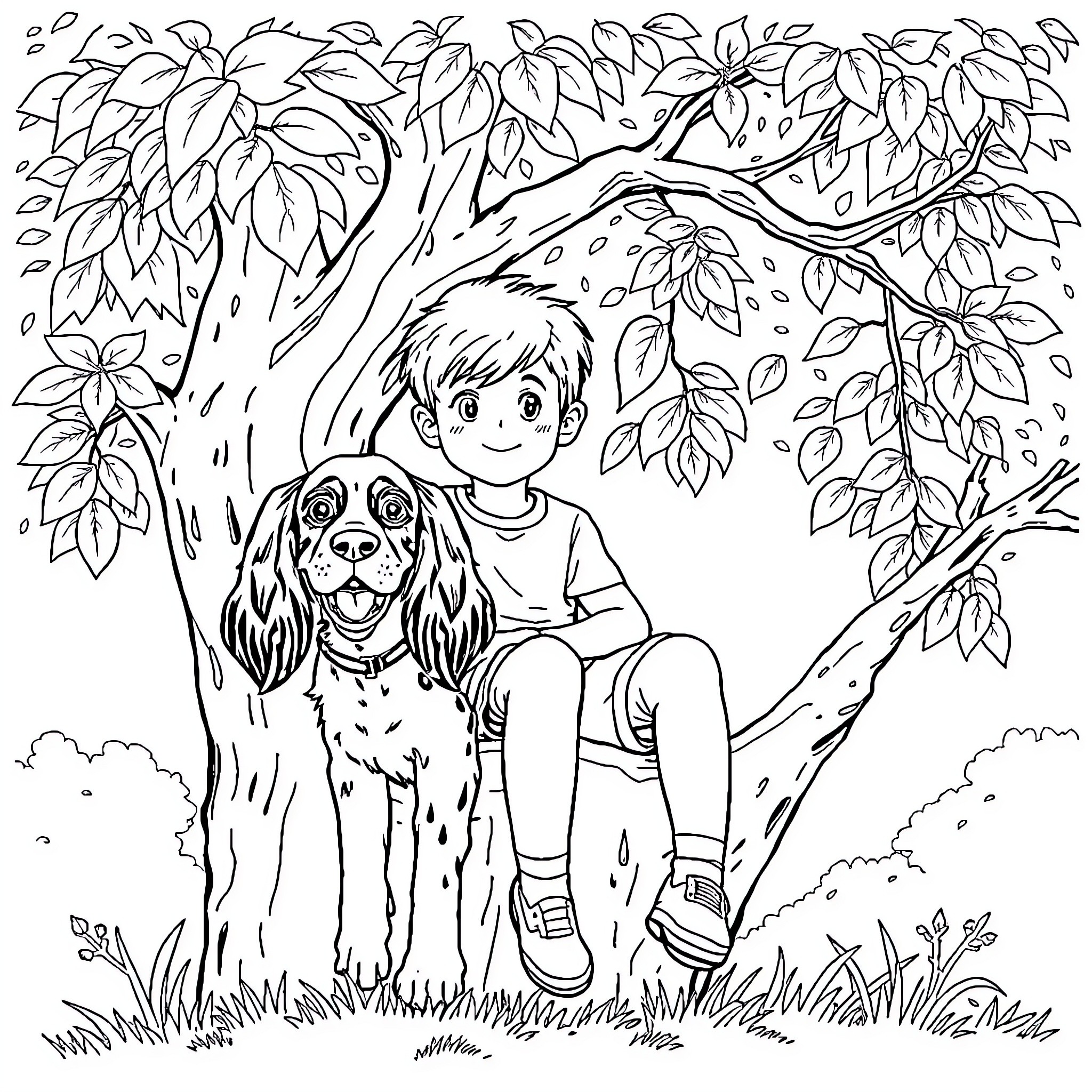 Boy relaxing with his pet dog in nature Coloring Page (free black-and-white line drawing printable PDF for all, from beginners to advanced learners, including children, teens, adults, and seniors)