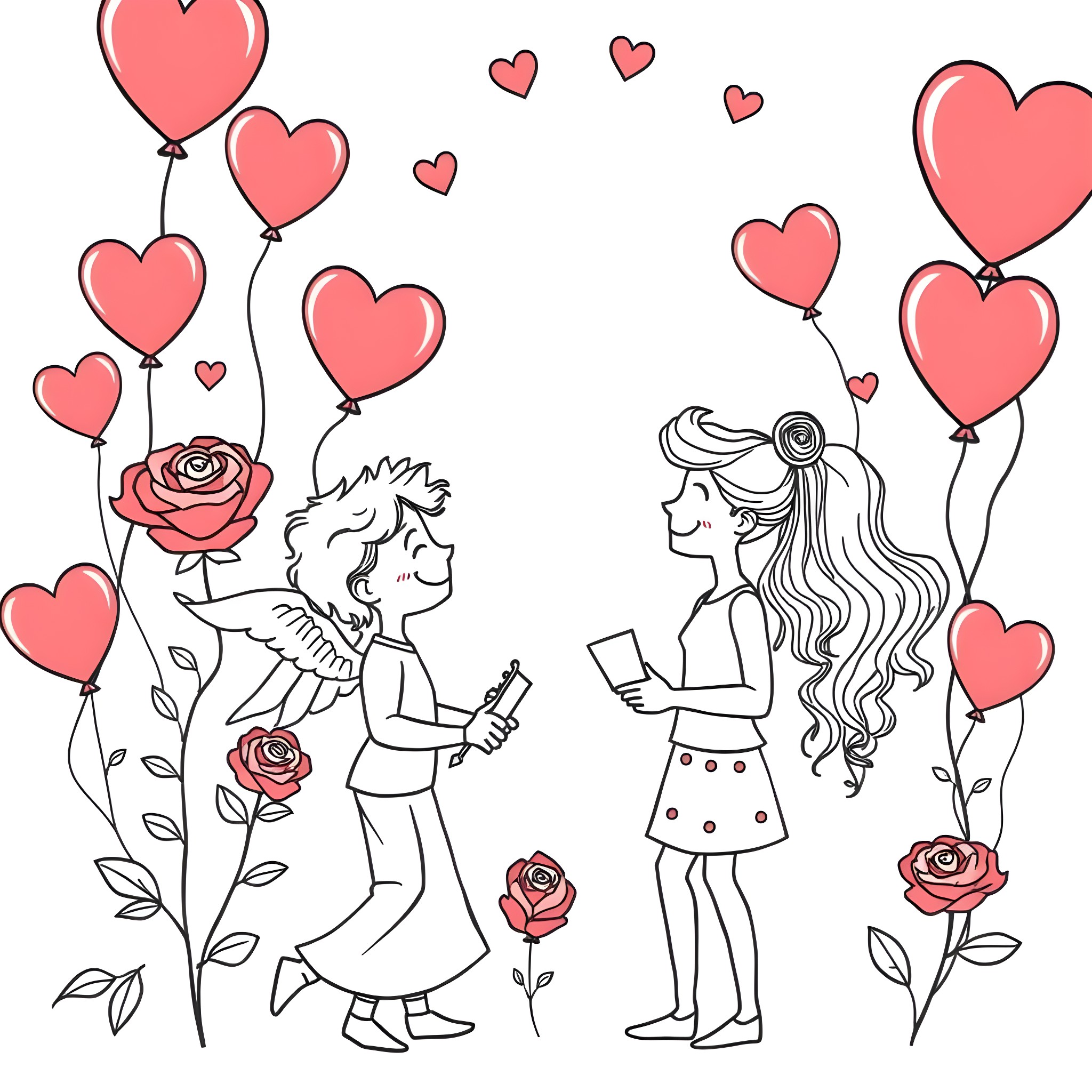 Valentine's Day love and romance illustration Coloring Page (free black-and-white line drawing printable PDF for all, from beginners to advanced learners, including children, teens, adults, and seniors)
