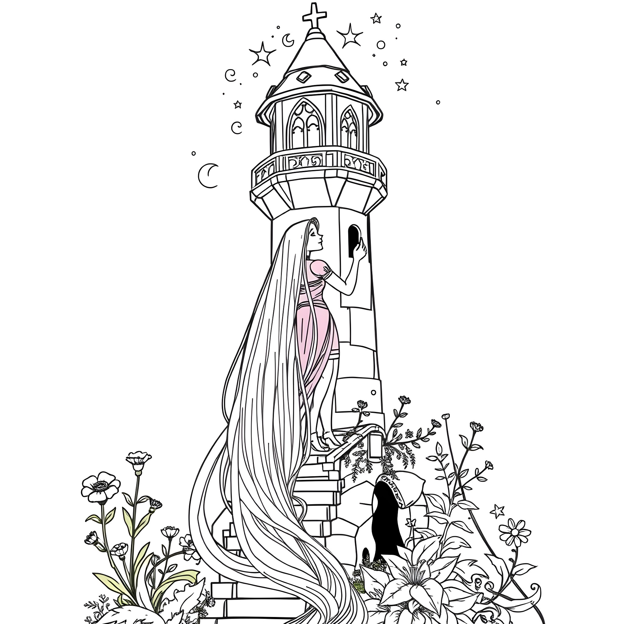 Rapunzel's Enchanted Tower with Starry Night Backdrop Coloring Page (free black-and-white line drawing printable PDF for all, from beginners to advanced learners, including children, teens, adults, and seniors)
