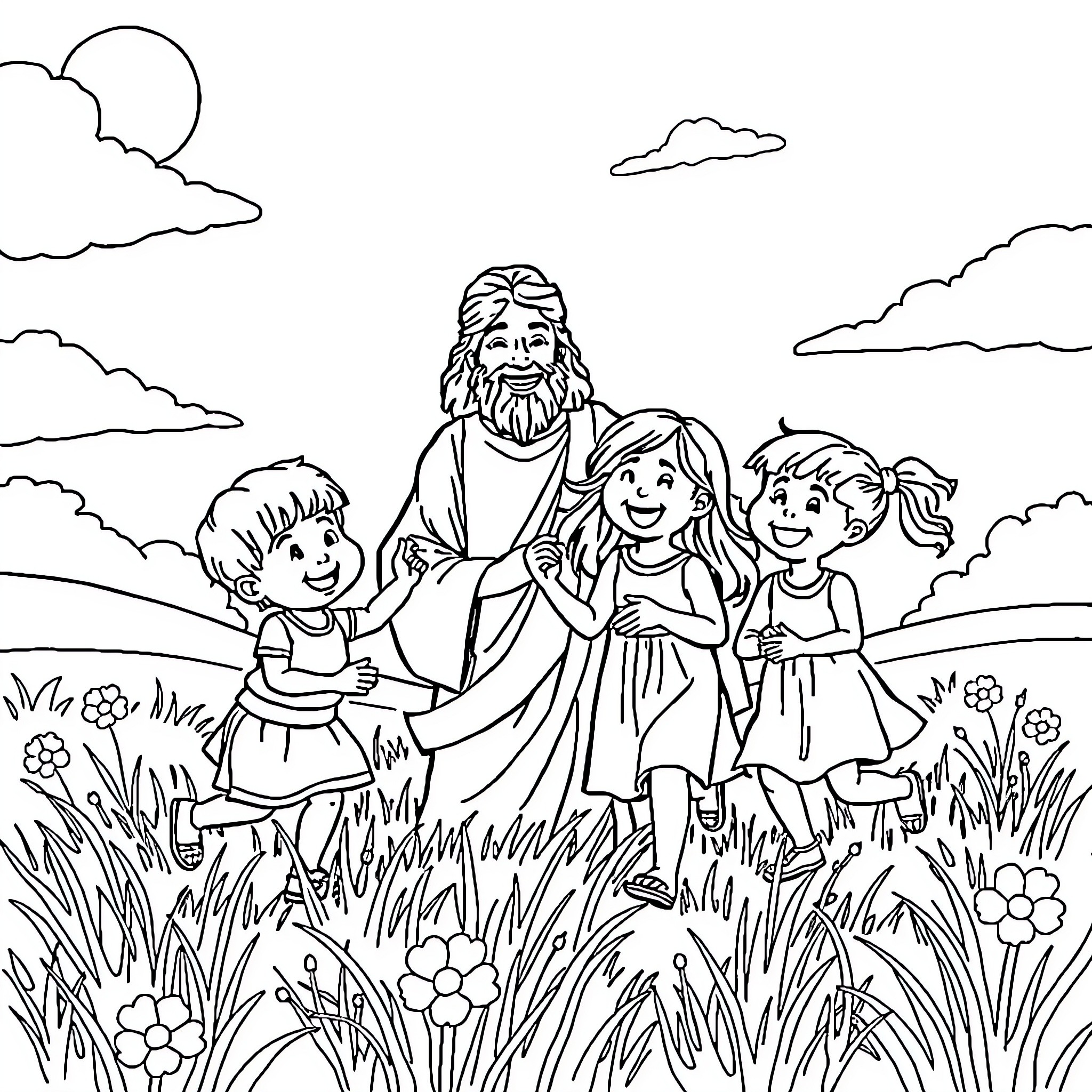 Jesus and the Joyful Children in the Meadow Coloring Page (free black-and-white line drawing printable PDF for all, from beginners to advanced learners, including children, teens, adults, and seniors)