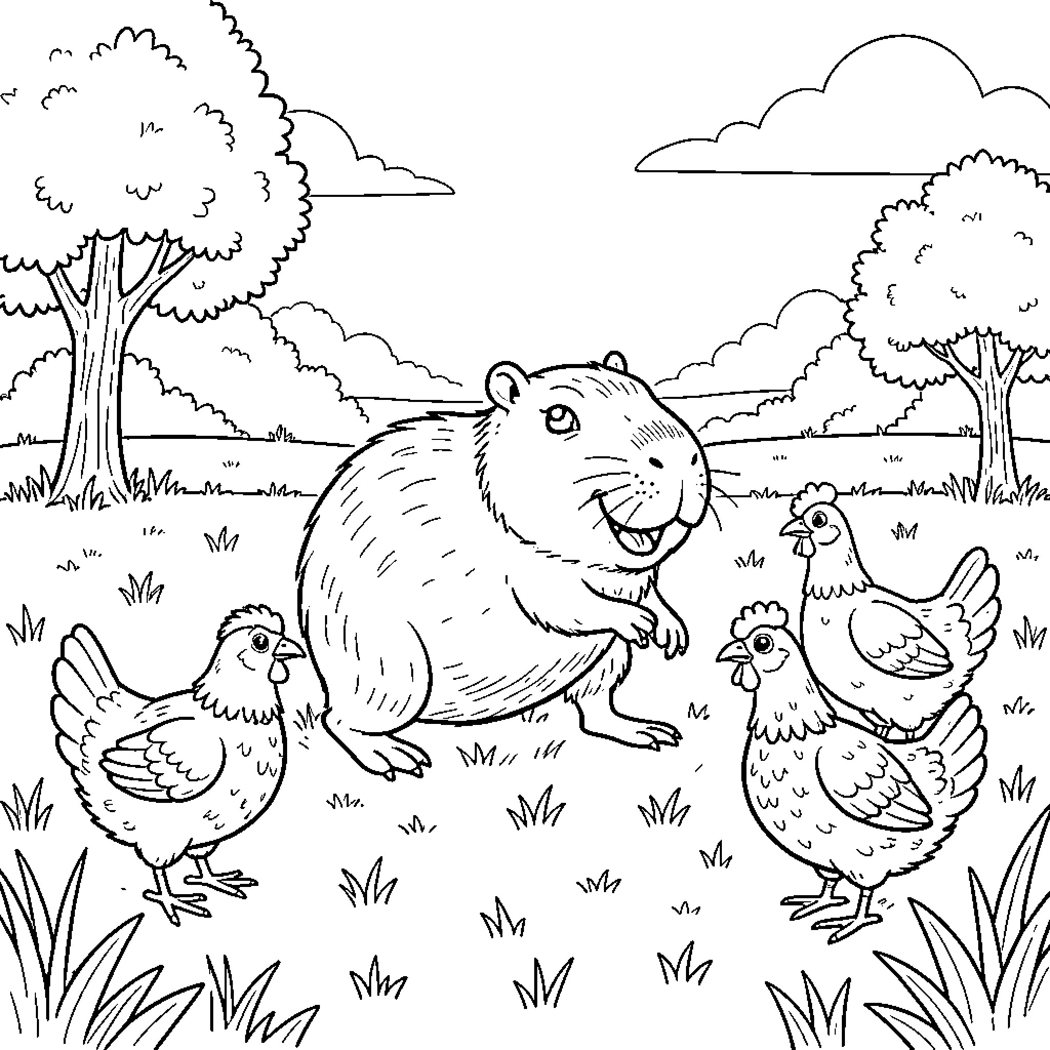 Capybara and chickens in a countryside setting Coloring Page (free black-and-white line drawing printable PDF for all, from beginners to advanced learners, including children, teens, adults, and seniors)