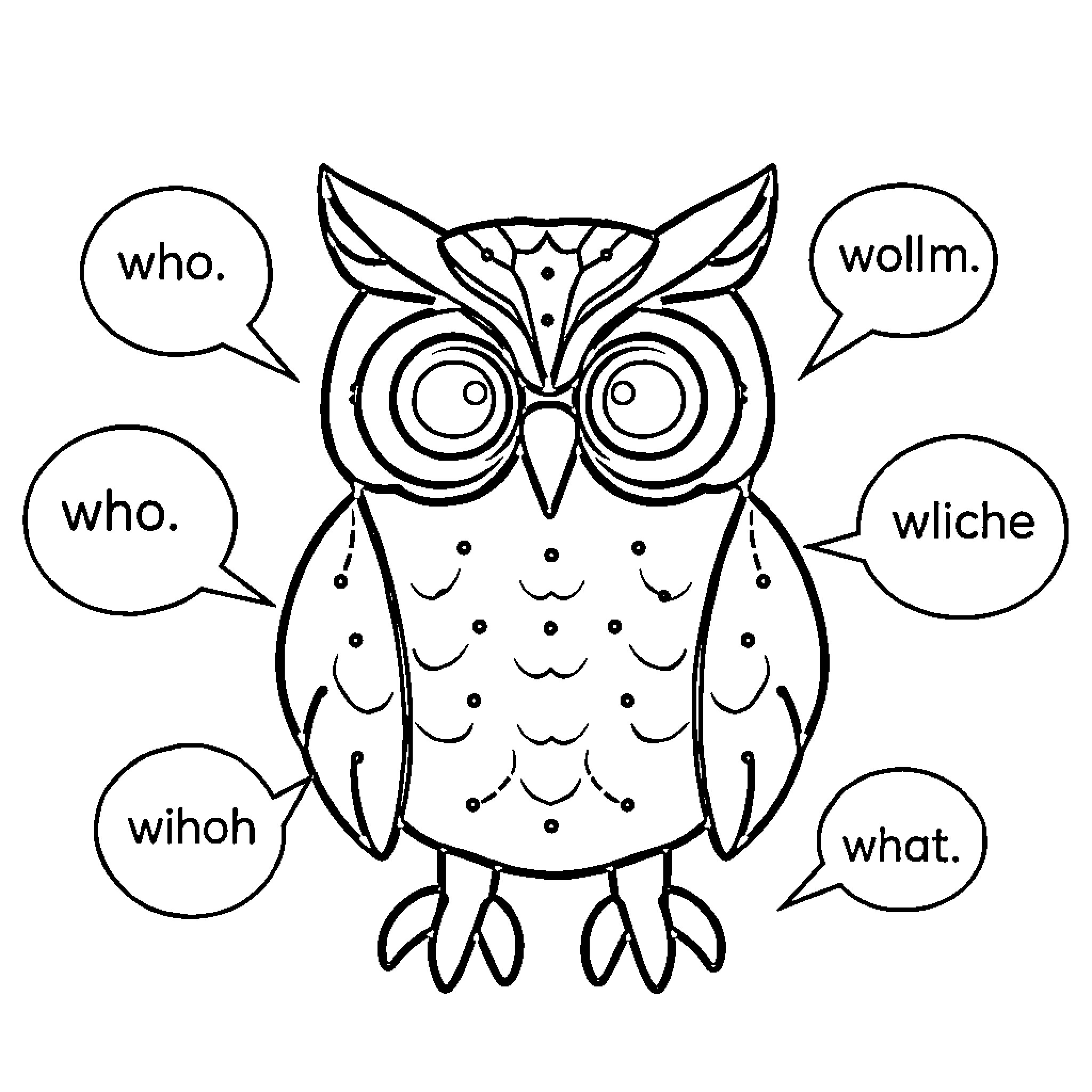 Owl Asking Questions in Dialogue Bubbles Coloring Page (free black-and-white line drawing printable PDF for all, from beginners to advanced learners, including children, teens, adults, and seniors)