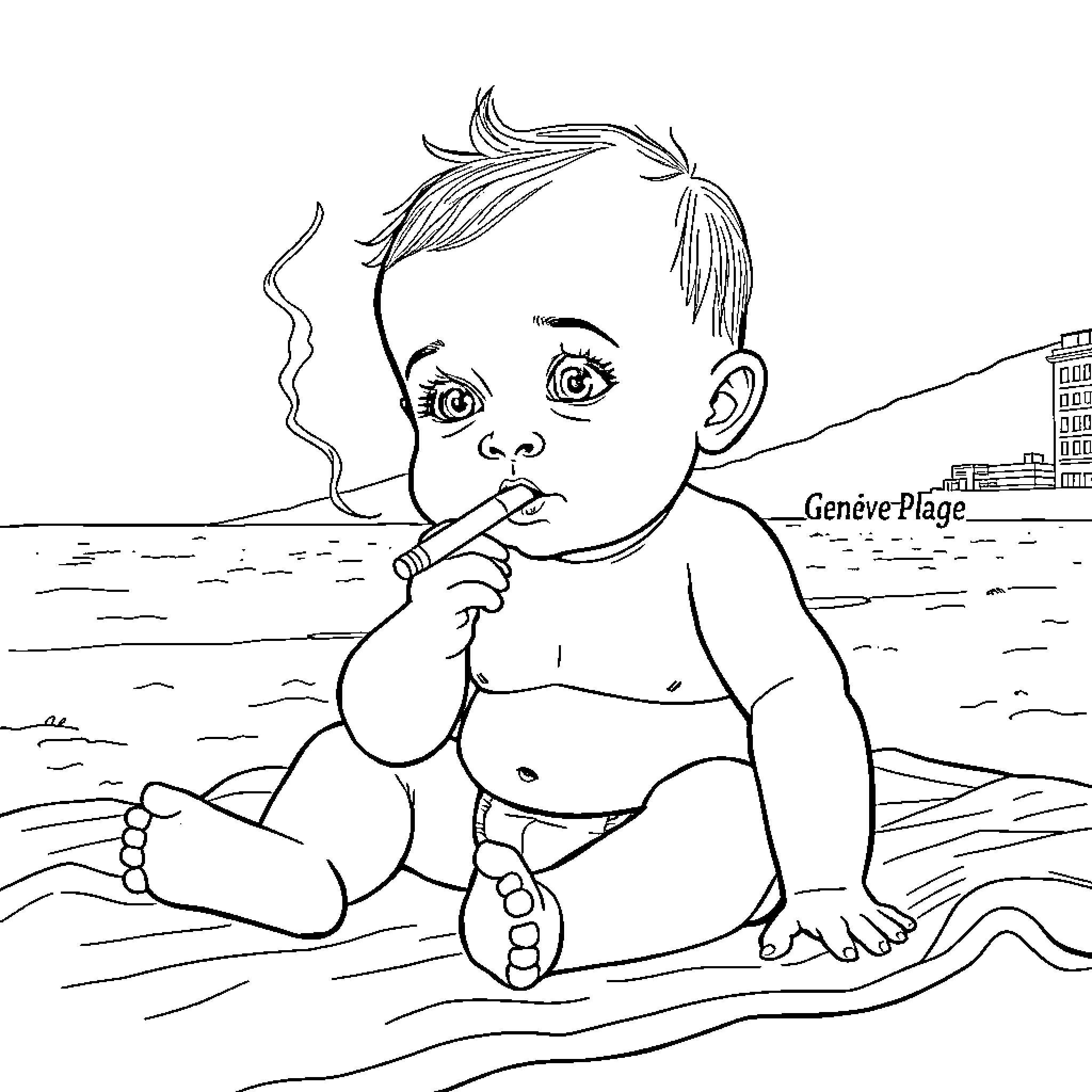 Baby enjoying day at the beach Coloring Page (free black-and-white line drawing printable PDF for all, from beginners to advanced learners, including children, teens, adults, and seniors)