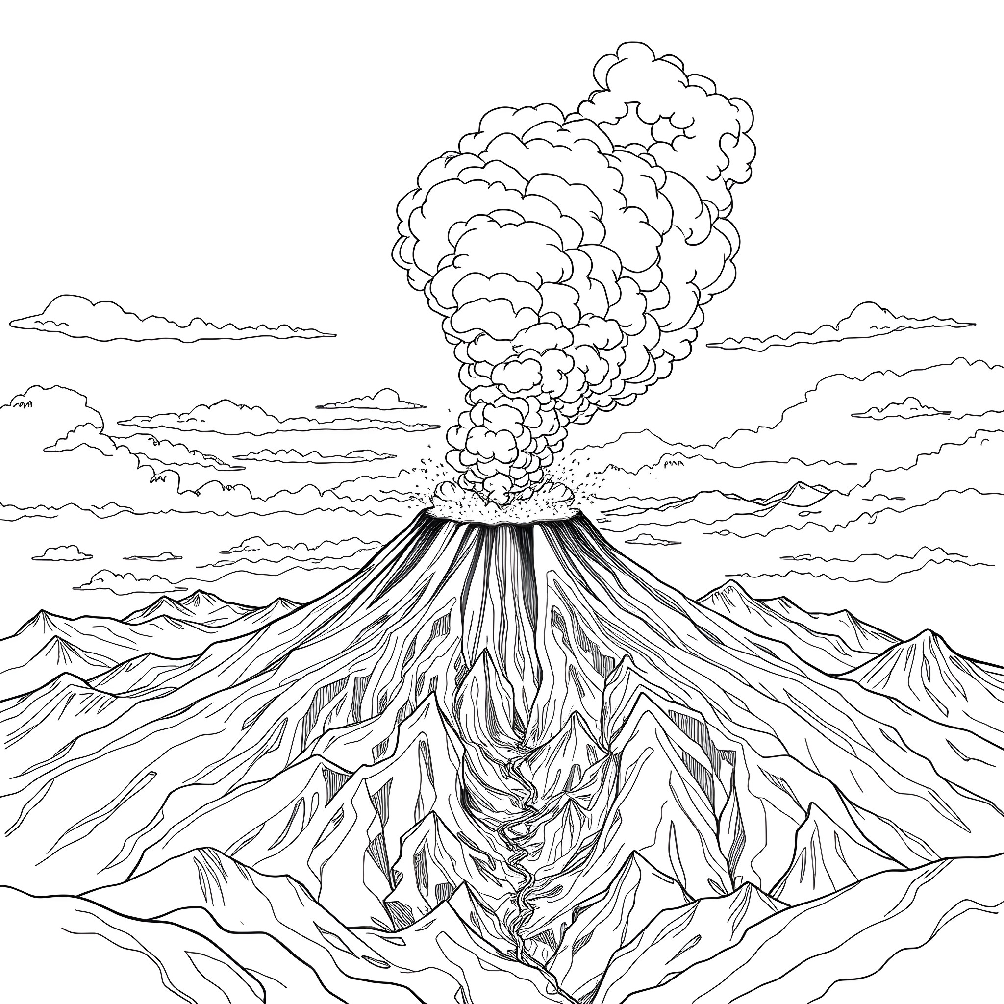 Glurak erupting volcano in a stormy landscape Coloring Page (free black-and-white line drawing printable PDF for all, from beginners to advanced learners, including children, teens, adults, and seniors)
