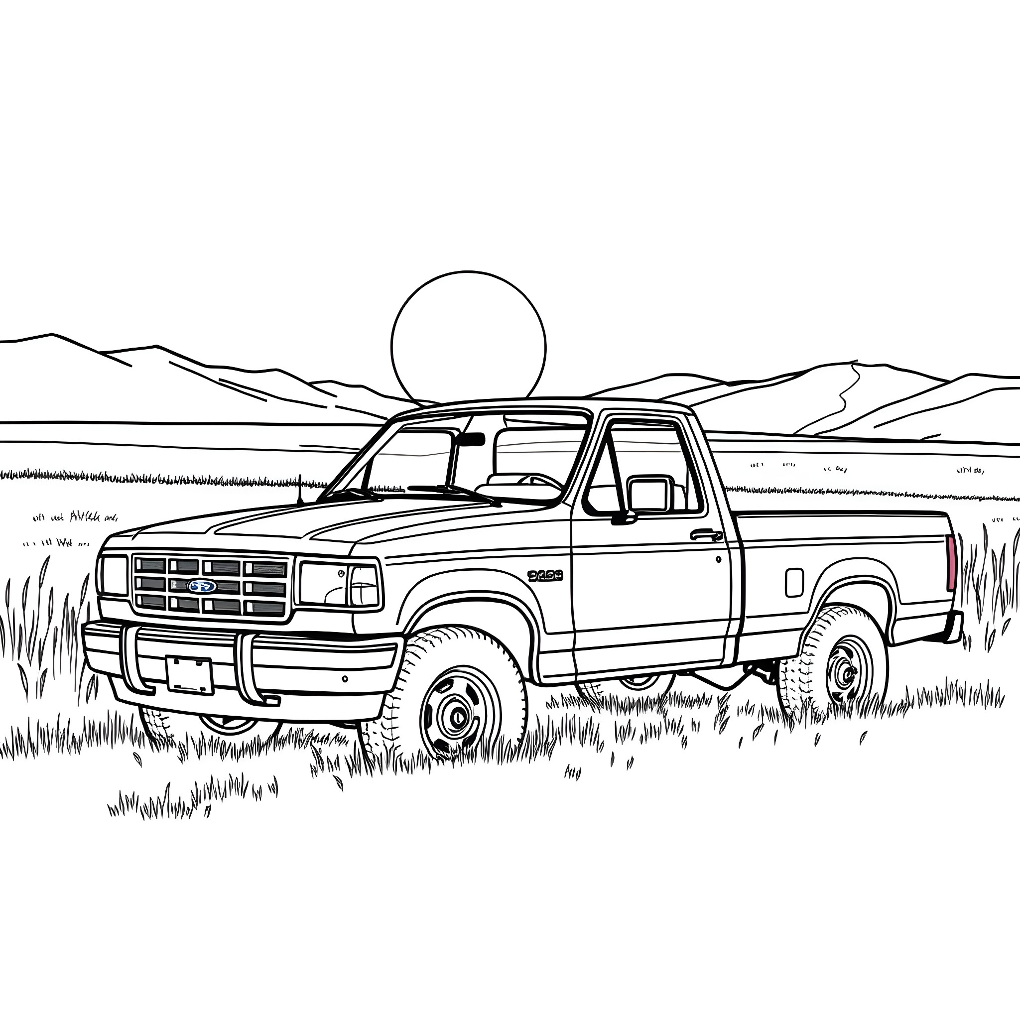 Truck in rural landscape with mountains Coloring Page (free black-and-white line drawing printable PDF for all, from beginners to advanced learners, including children, teens, adults, and seniors)