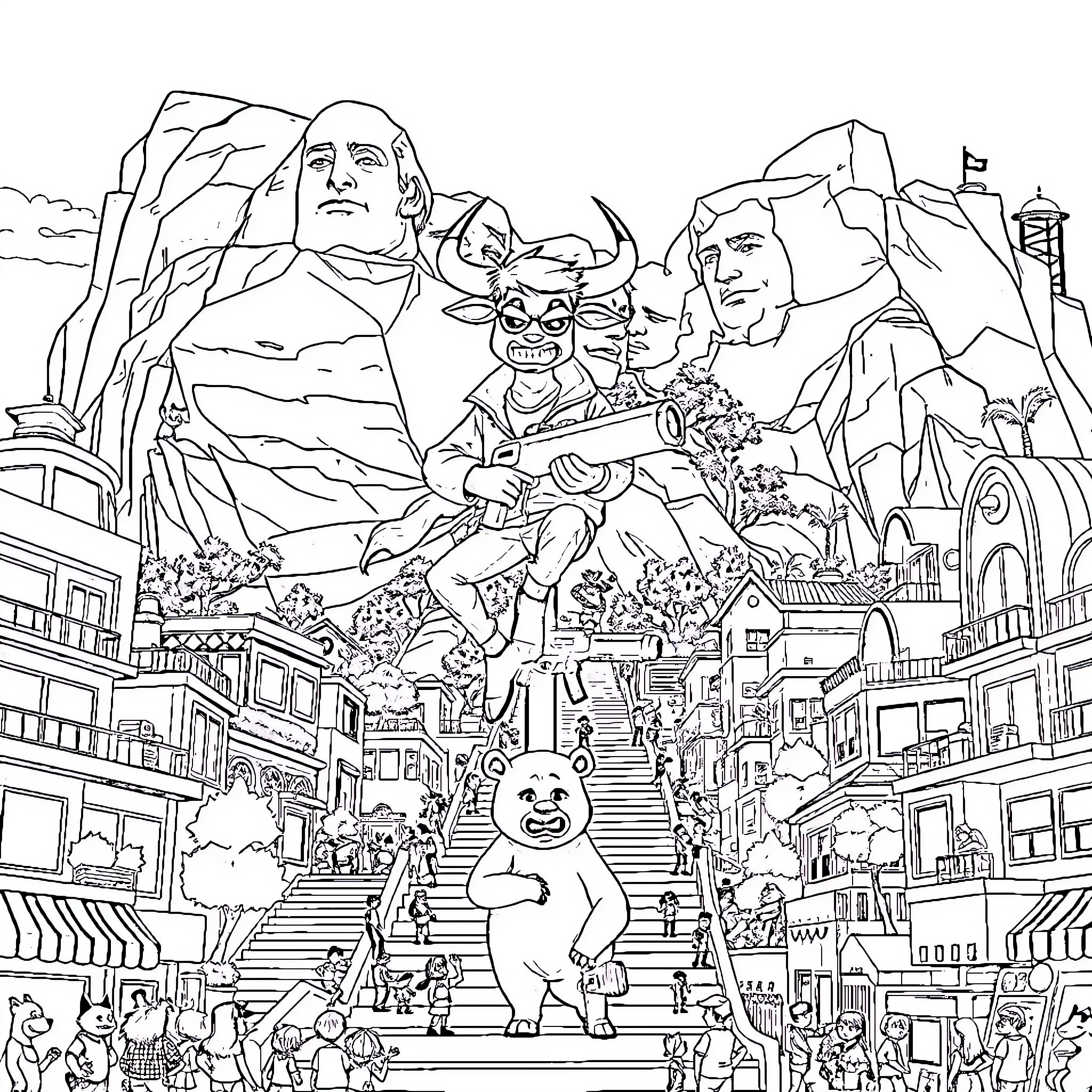 Animal characters in a fantastical town setting Coloring Page (free black-and-white line drawing printable PDF for all, from beginners to advanced learners, including children, teens, adults, and seniors)