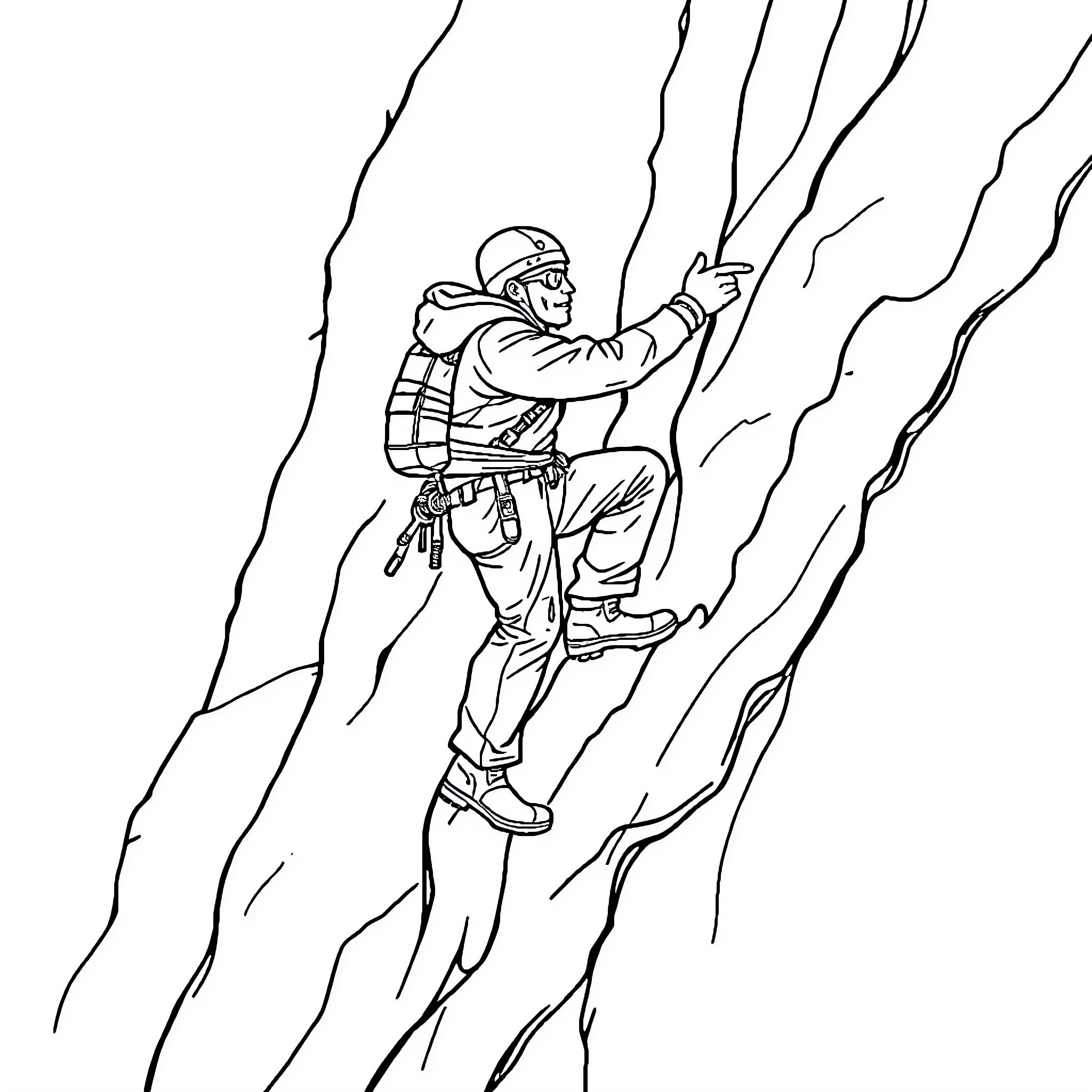 Climber scaling a rugged rock face Coloring Page (free black-and-white line drawing printable PDF for all, from beginners to advanced learners, including children, teens, adults, and seniors)