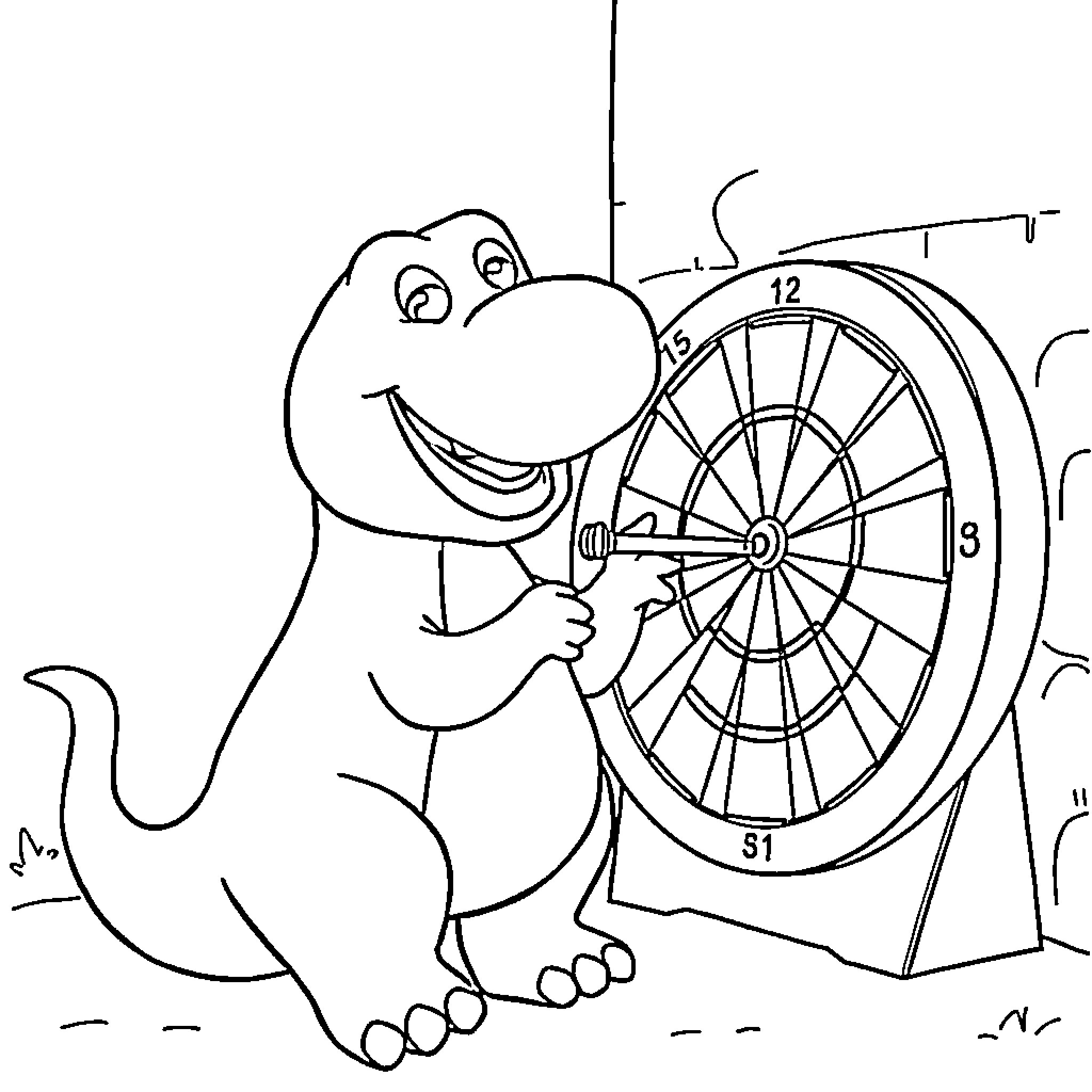 Barney playing a darts game happily Coloring Page (free black-and-white line drawing printable PDF for all, from beginners to advanced learners, including children, teens, adults, and seniors)