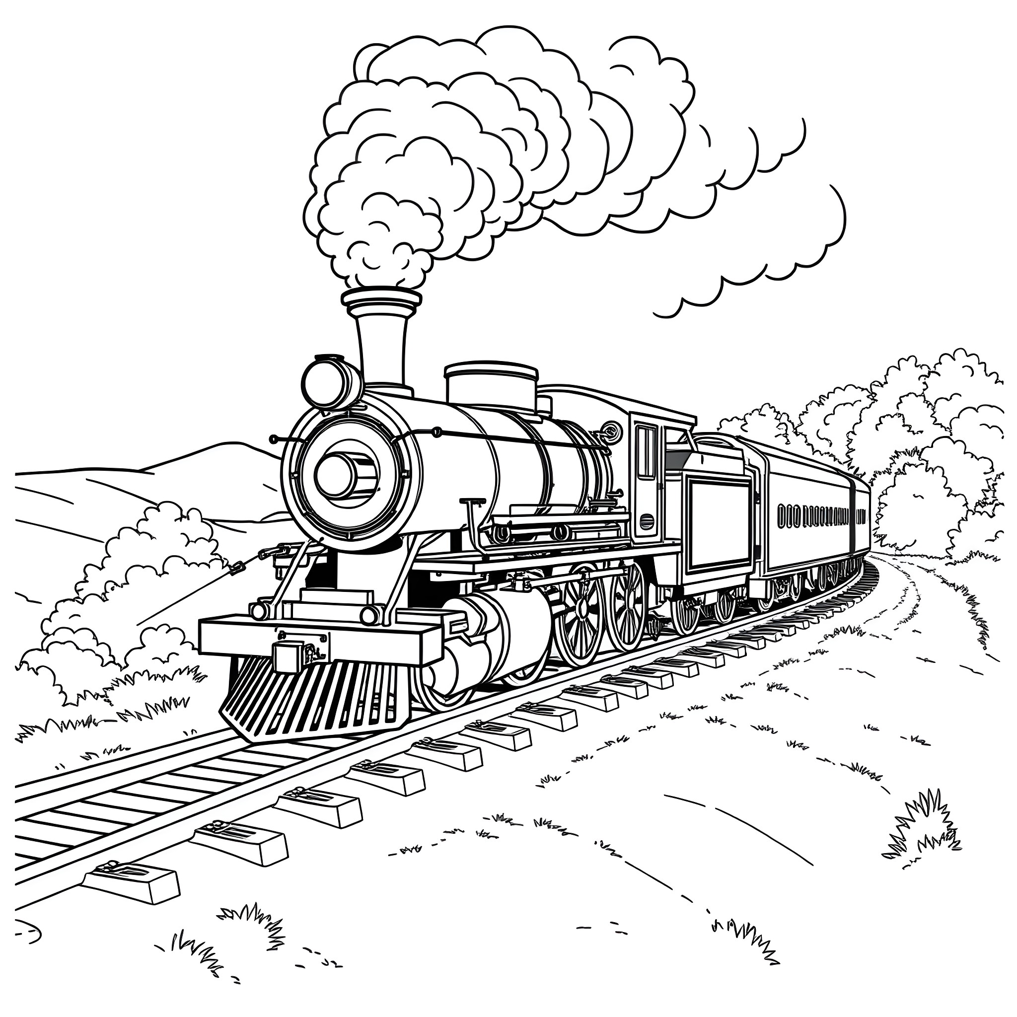 Steam Train Racing Through Countryside Landscape Coloring Page (free black-and-white line drawing printable PDF for all, from beginners to advanced learners, including children, teens, adults, and seniors)