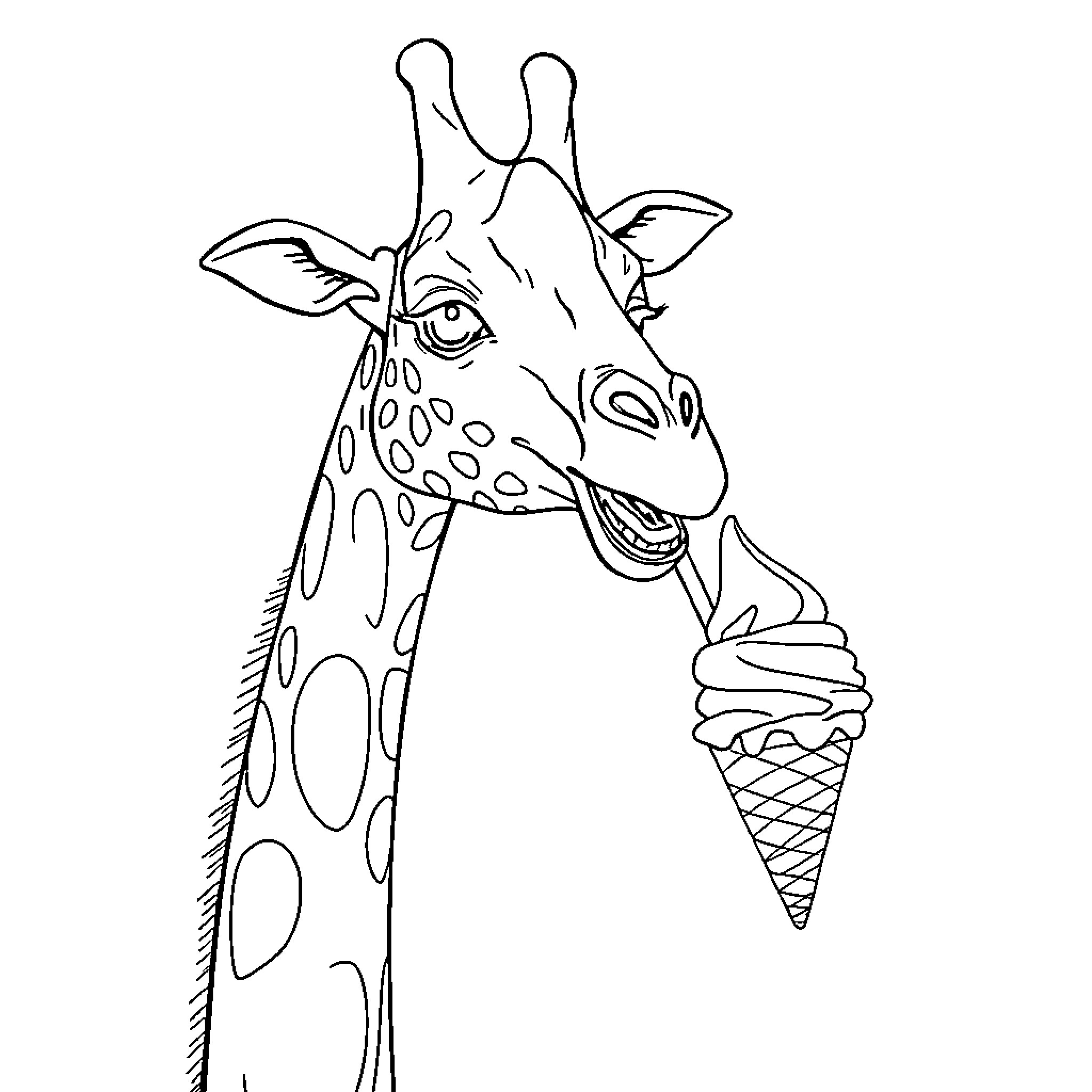 Giraffe enjoying an ice cream cone Coloring Page (free black-and-white line drawing printable PDF for all, from beginners to advanced learners, including children, teens, adults, and seniors)