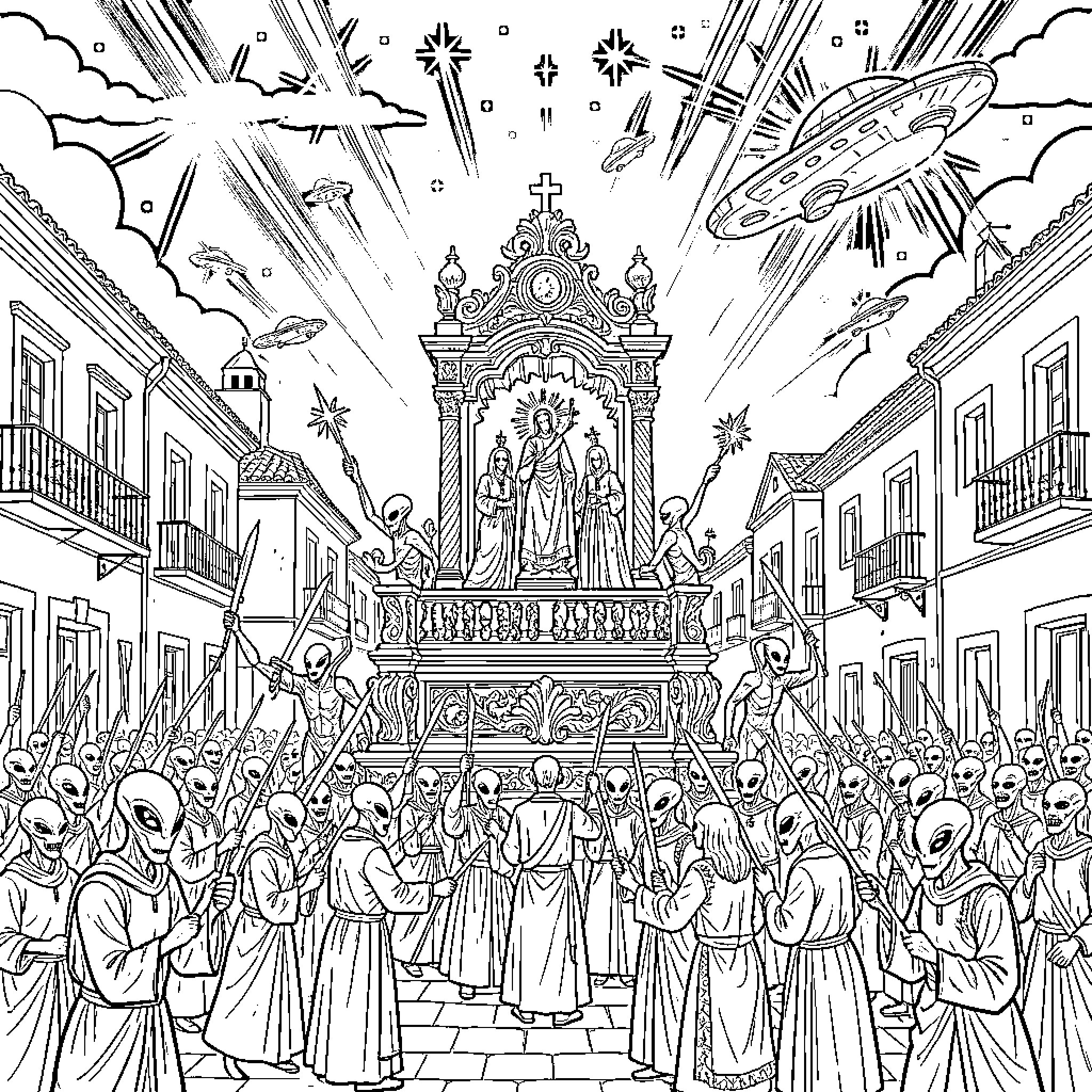 Semana Santa: Elaborate Procession in a Crowded Street Coloring Page (free black-and-white line drawing printable PDF for all, from beginners to advanced learners, including children, teens, adults, and seniors)