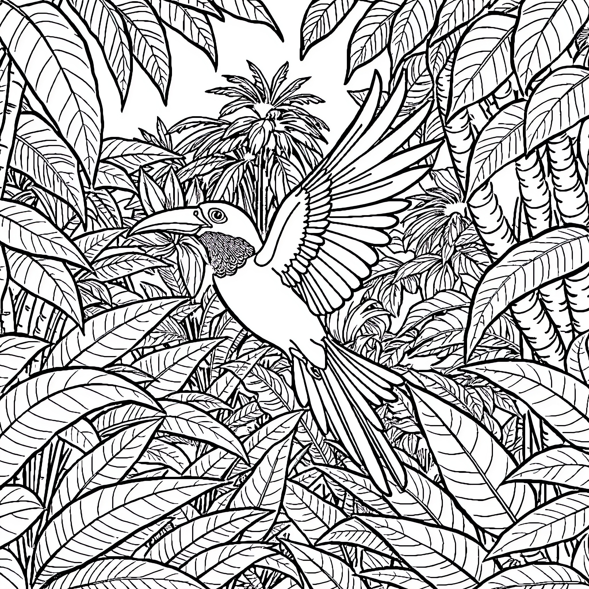 Bird flying amidst lush tropical foliage Coloring Page (free black-and-white line drawing printable PDF for all, from beginners to advanced learners, including children, teens, adults, and seniors)