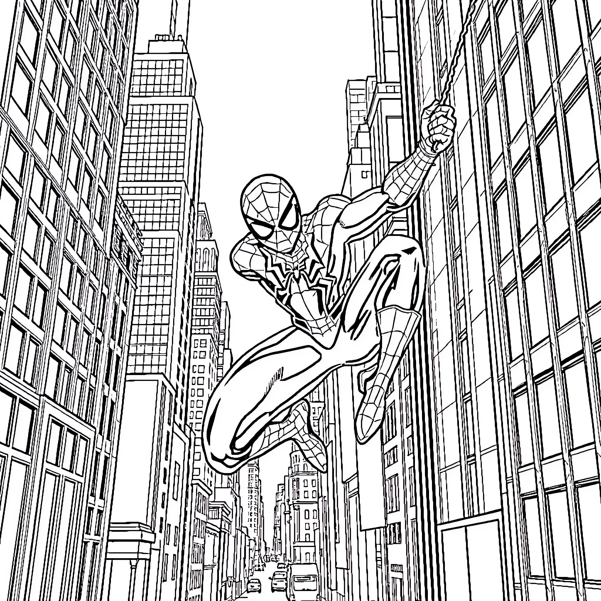 Spider-Man swinging through the city skyline Coloring Page (free black-and-white line drawing printable PDF for all, from beginners to advanced learners, including children, teens, adults, and seniors)