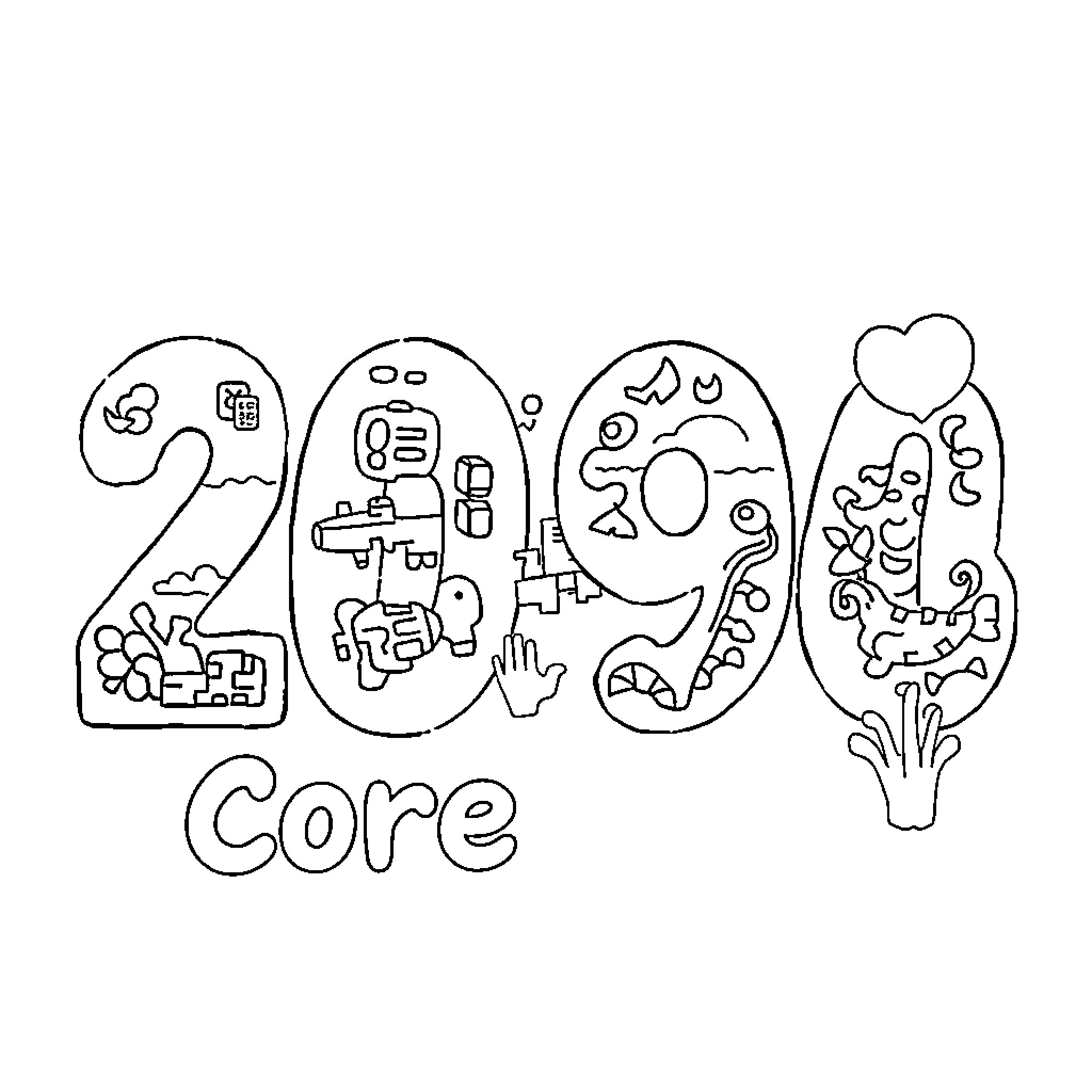 Number 2020 Core with Doodle Elements Coloring Page (free black-and-white line drawing printable PDF for all, from beginners to advanced learners, including children, teens, adults, and seniors)