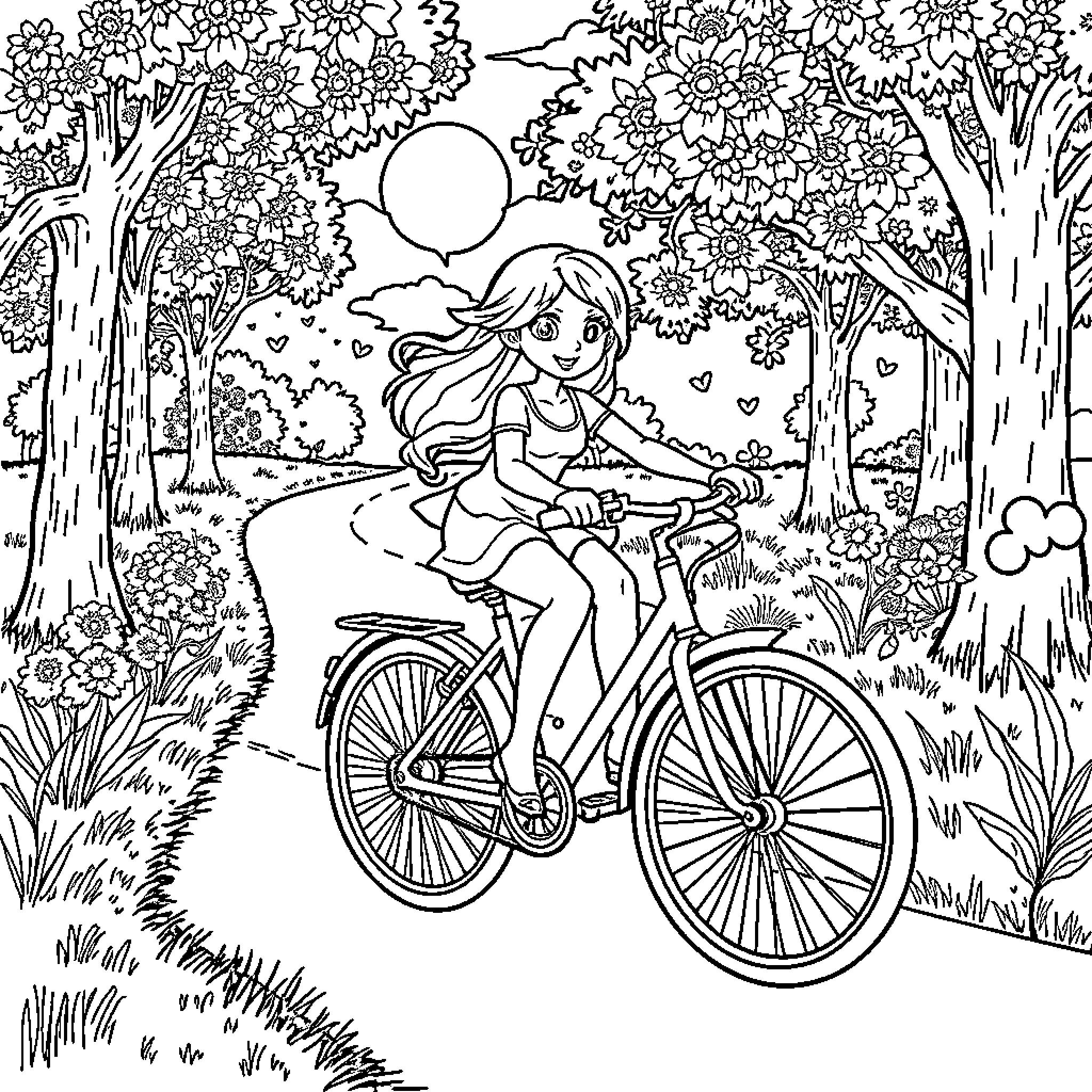 Bluey enjoys a bike ride through the flowers Coloring Page (free black-and-white line drawing printable PDF for all, from beginners to advanced learners, including children, teens, adults, and seniors)
