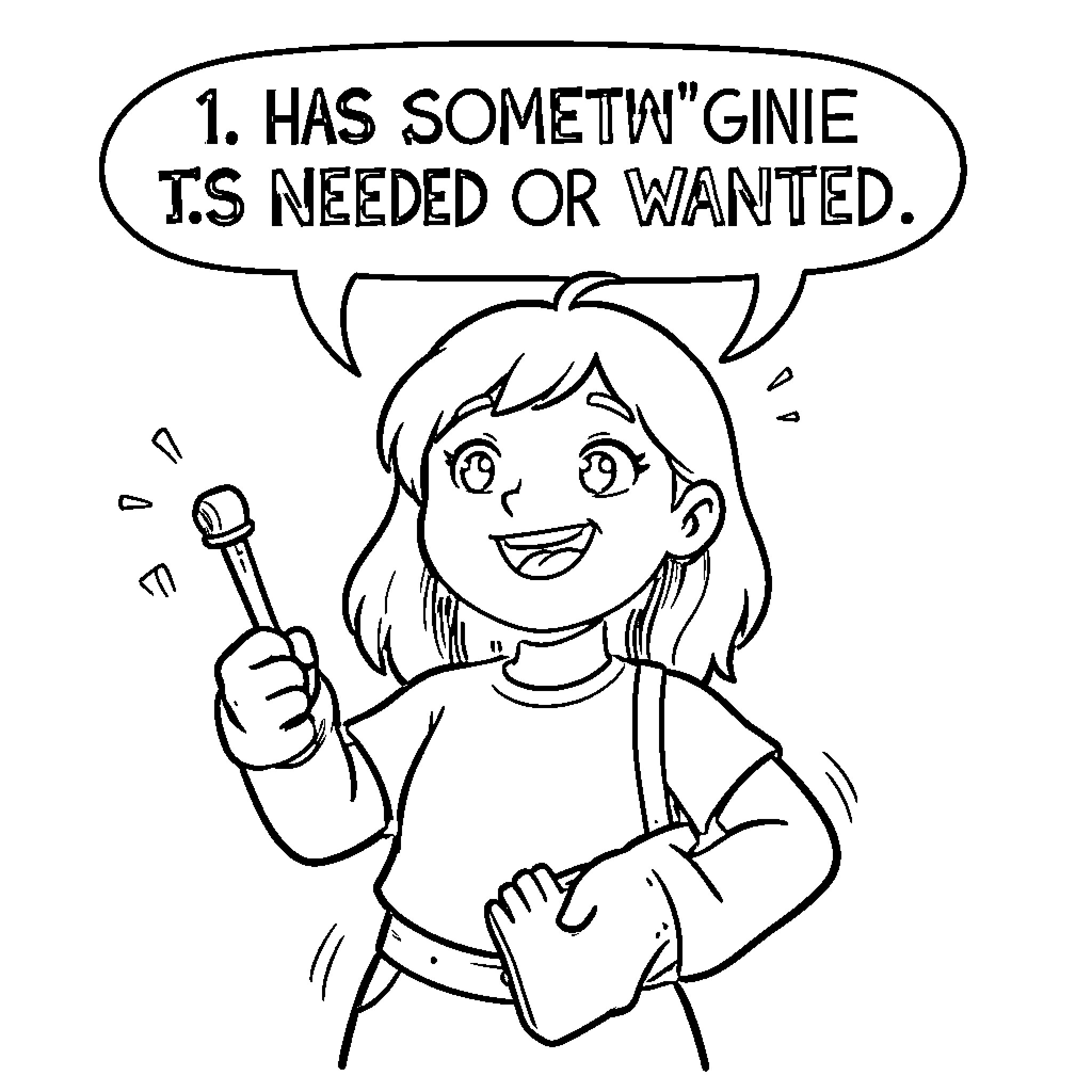 Has a girl holding a magic lamp wand Coloring Page (free black-and-white line drawing printable PDF for all, from beginners to advanced learners, including children, teens, adults, and seniors)