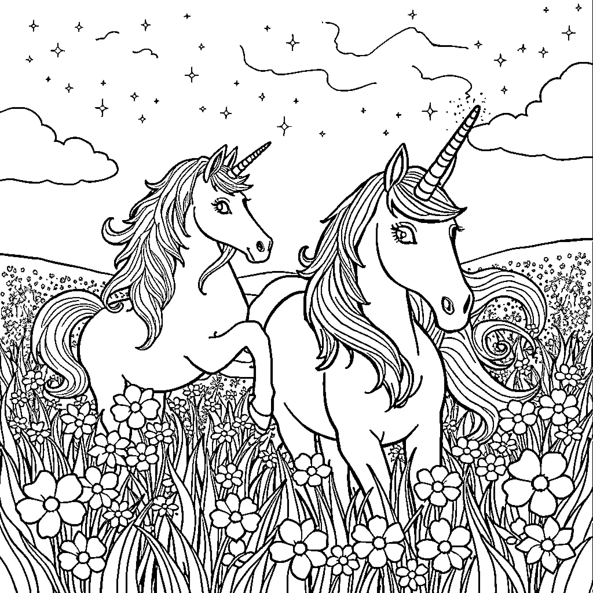 Unicorns playing in a whimsical field Coloring Page (free black-and-white line drawing printable PDF for all, from beginners to advanced learners, including children, teens, adults, and seniors)