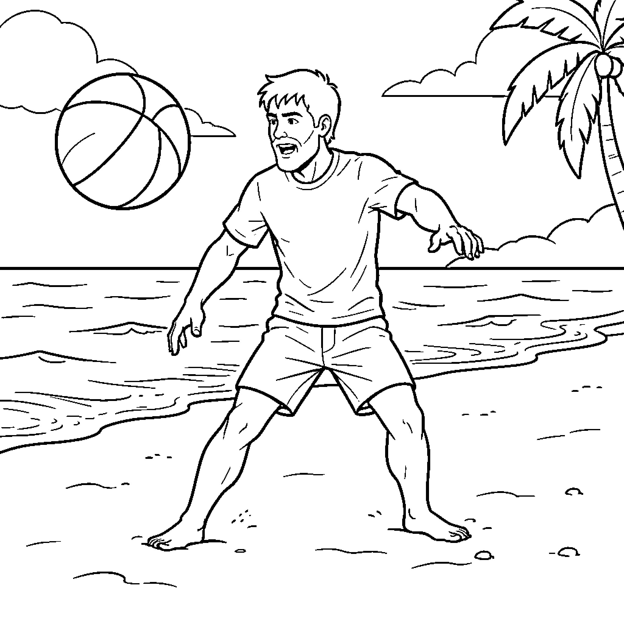 Badman playing volleyball on a sunny beach Coloring Page (free black-and-white line drawing printable PDF for all, from beginners to advanced learners, including children, teens, adults, and seniors)