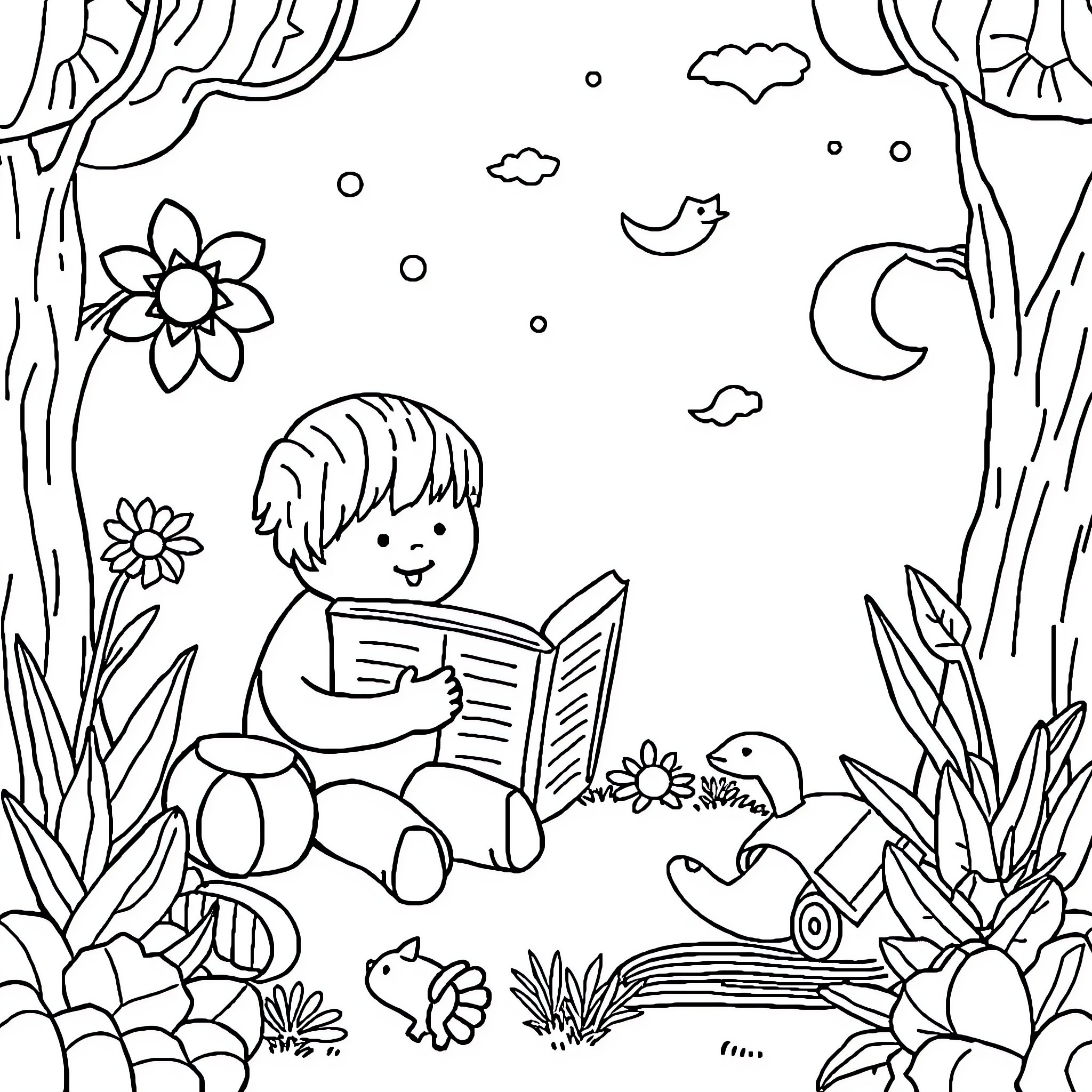Literacy boy reading book in nature Coloring Page (free black-and-white line drawing printable PDF for all, from beginners to advanced learners, including children, teens, adults, and seniors)