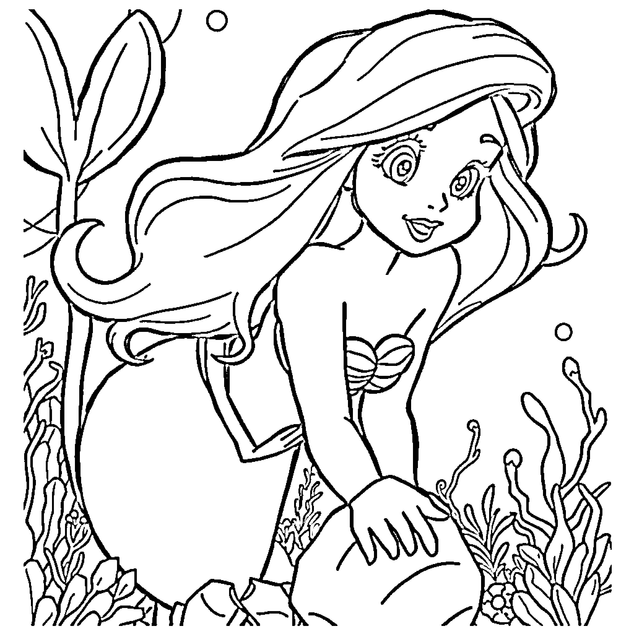 Ariel exploring the underwater world Coloring Page (free black-and-white line drawing printable PDF for all, from beginners to advanced learners, including children, teens, adults, and seniors)