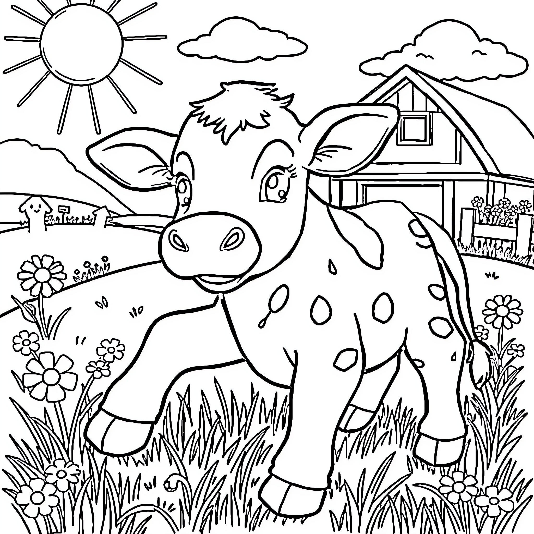 Cow enjoying the farm scenery Coloring Page (free black-and-white line drawing printable PDF for all, from beginners to advanced learners, including children, teens, adults, and seniors)