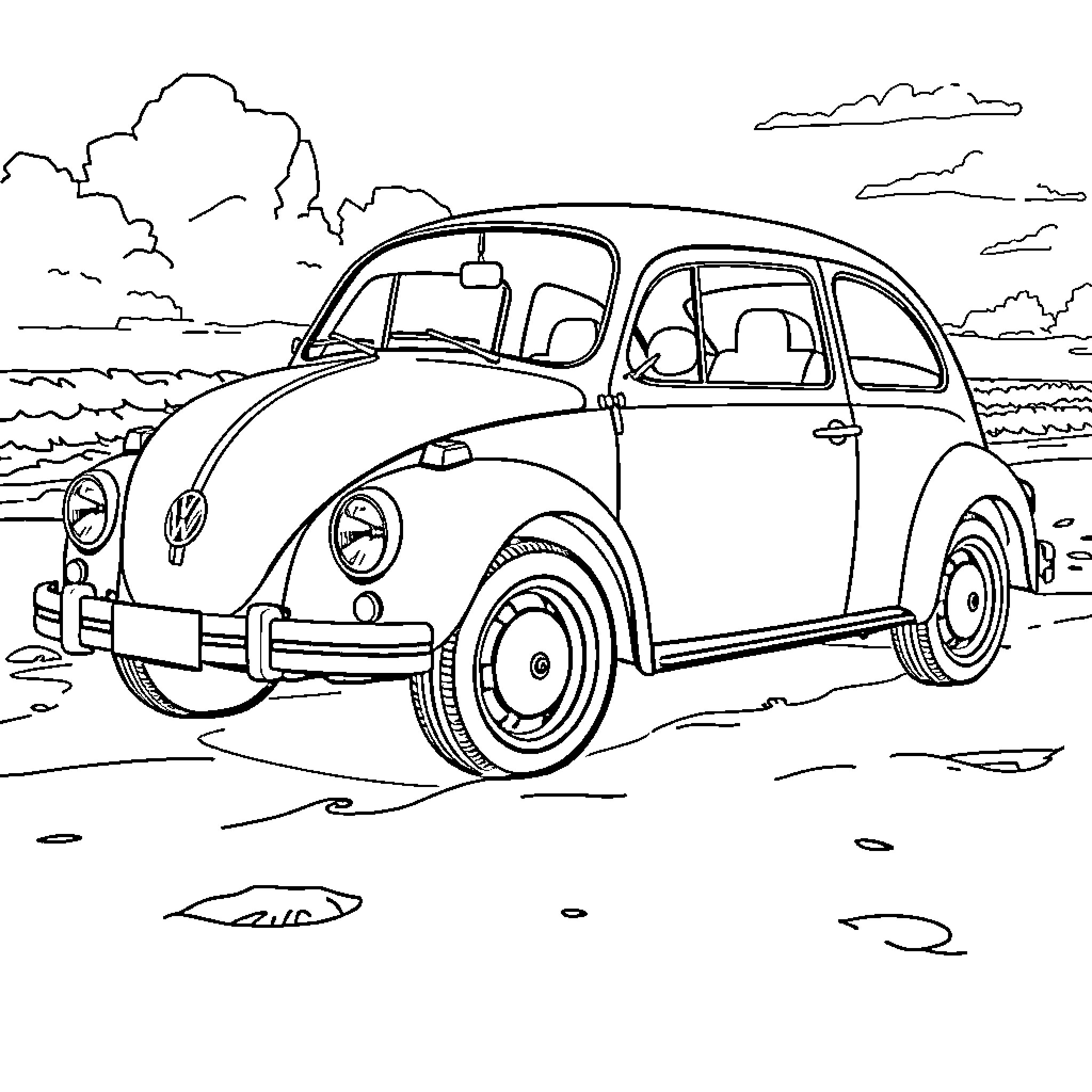 VW Car Driving Through Scenic Countryside Coloring Page (free black-and-white line drawing printable PDF for all, from beginners to advanced learners, including children, teens, adults, and seniors)