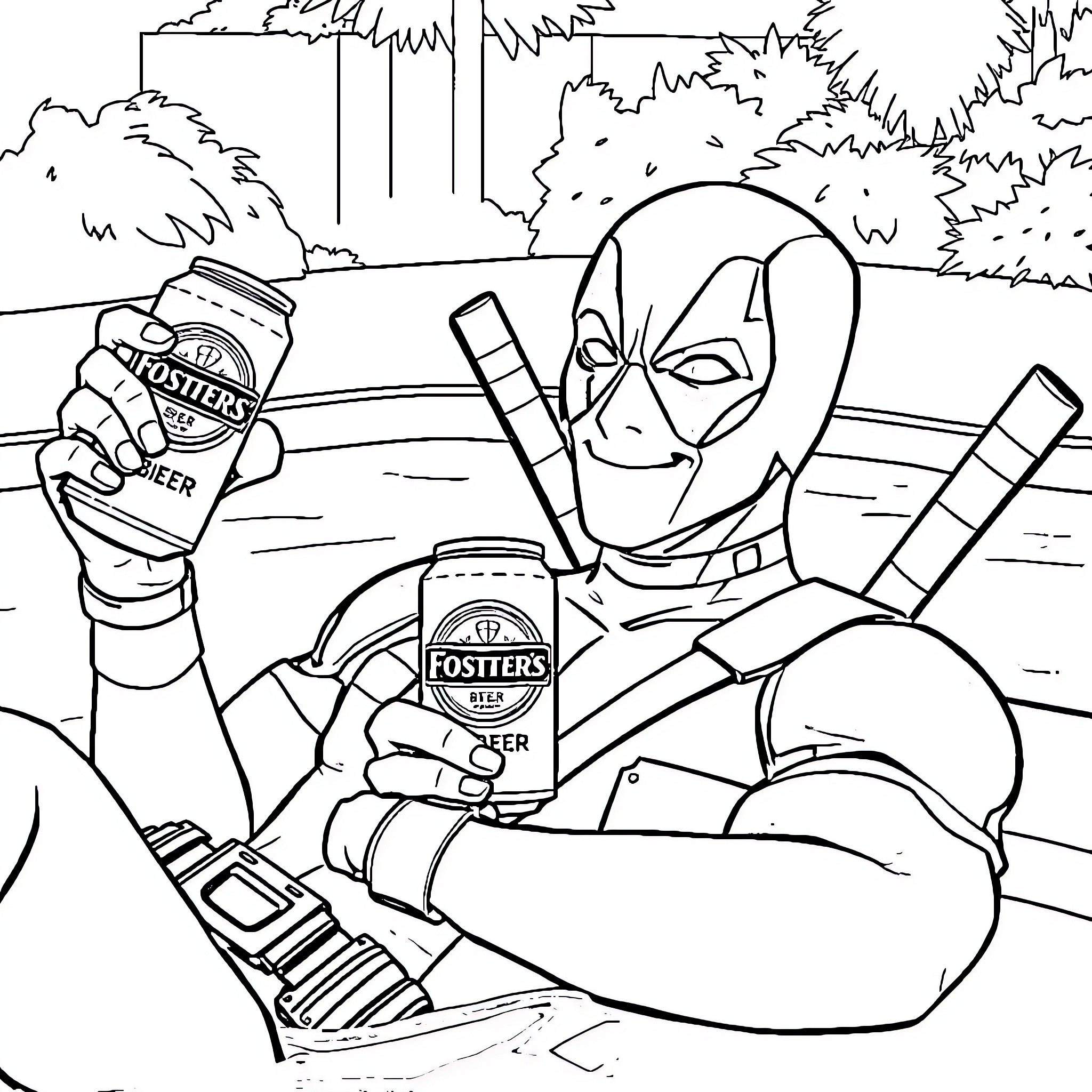 Deadpool enjoying a cold beer in the wilderness Coloring Page (free black-and-white line drawing printable PDF for all, from beginners to advanced learners, including children, teens, adults, and seniors)